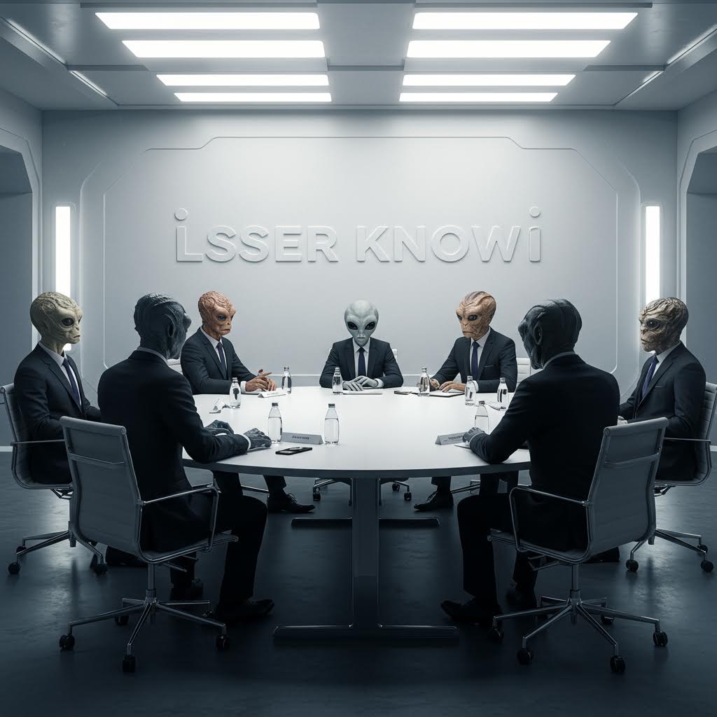 aliens with suits on at a roundtable business convention with the Words "Lesser Known" in background