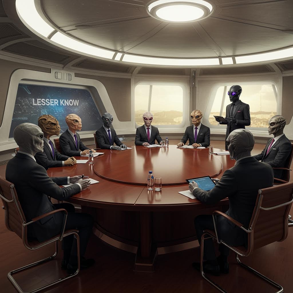 aliens with suits on at a roundtable business convention with the Words "Lesser Known" in background