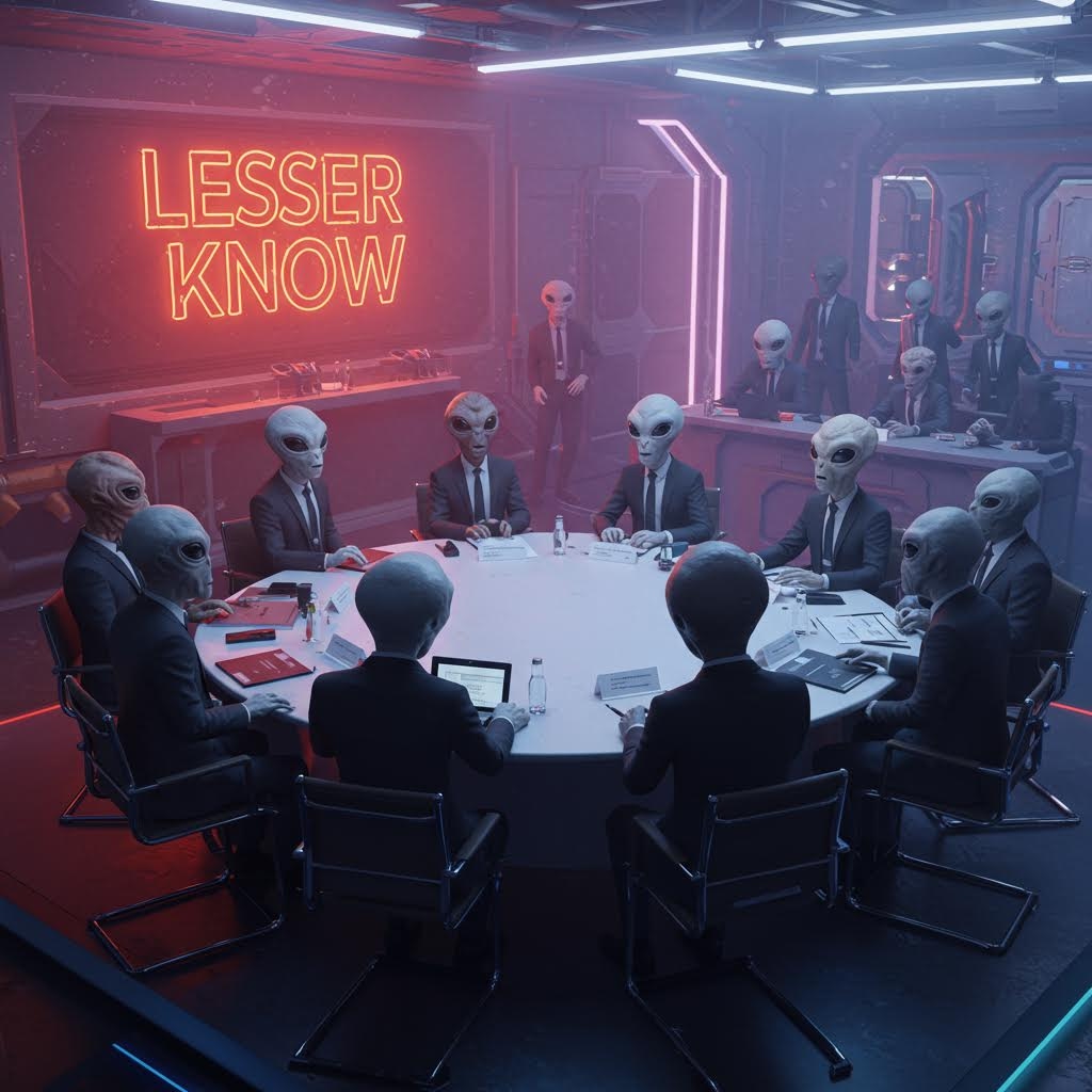 aliens with suits on at a roundtable business convention with the Words "Lesser Known" in background with neon lighting font