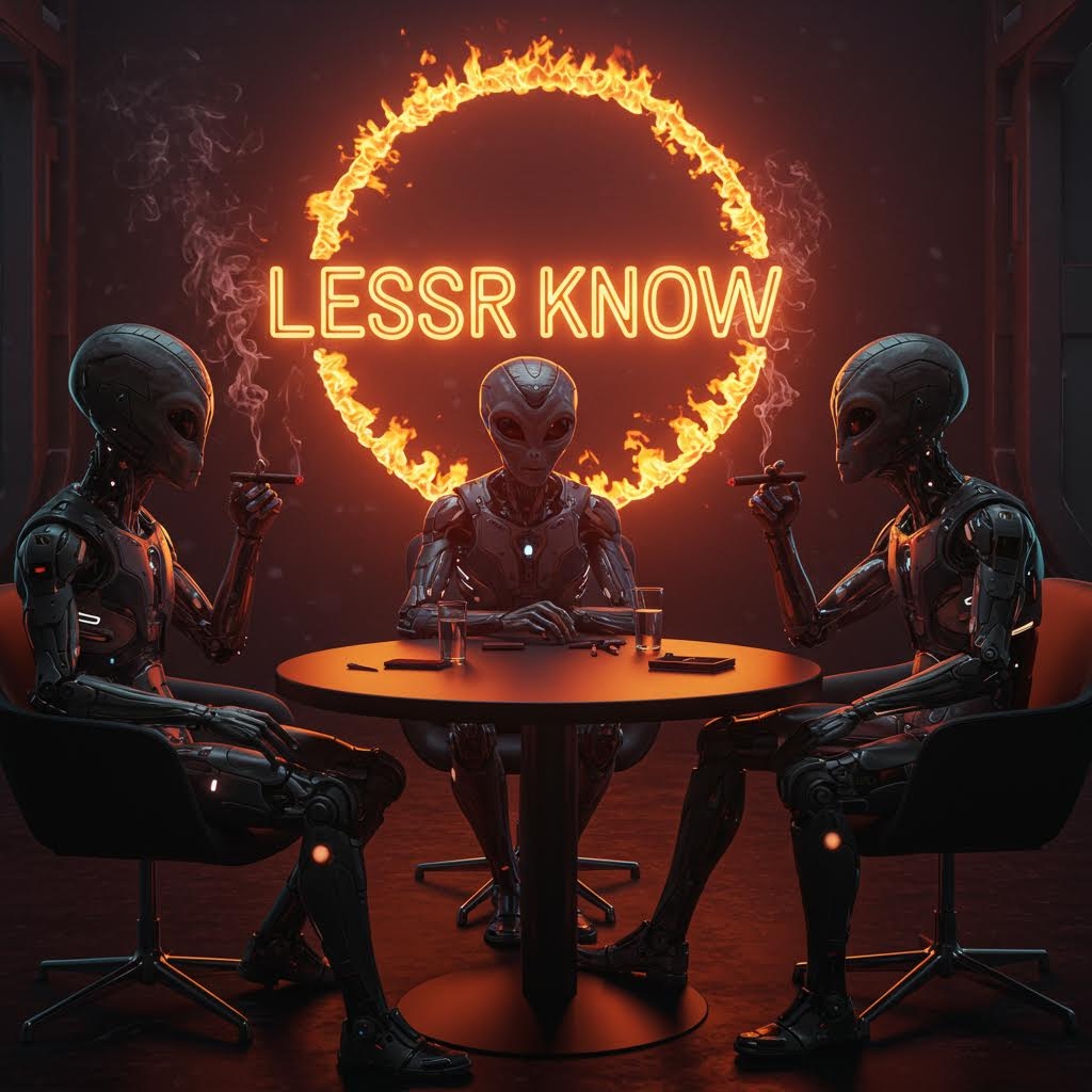 High tech aliens with suits smoking cigars at a roundtable business convention with the Words "Lesser Known" in background with neon lighting font surrounded by fire 