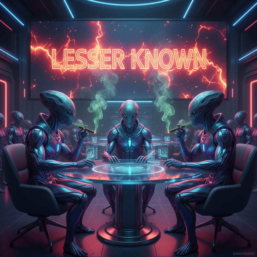 High tech aliens with suits smoking cigars at a roundtable business convention with the Words "Lesser Known" in background with neon lighting font surrounded by fire 