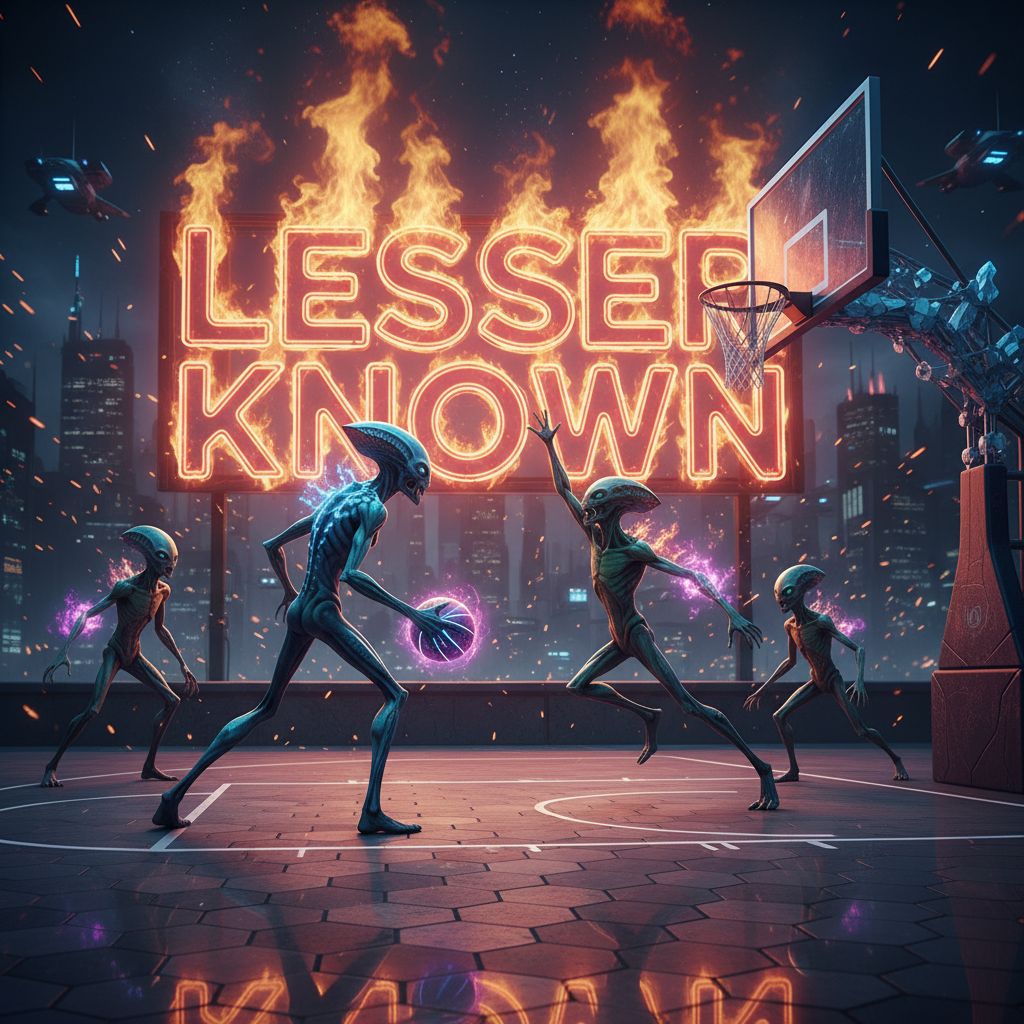 Aliens playing basketball with the Words "Lesser Known" in background with neon lighting font surrounded by fire 
