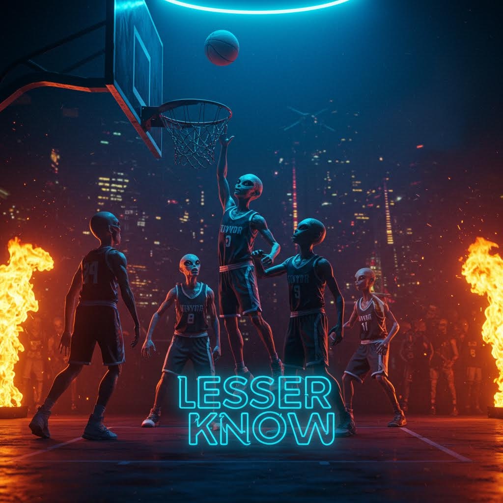 Aliens playing basketball and one is dunking the ball with the Words "Lesser Known" in blue background with neon lighting font surrounded by fire 