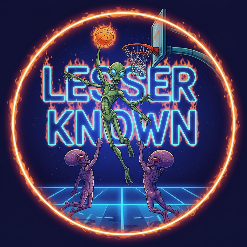 Aliens playing basketball and one is dunking the ball with the Words "Lesser Known" in blue background with neon lighting font surrounded by fire. the whole image is circular 