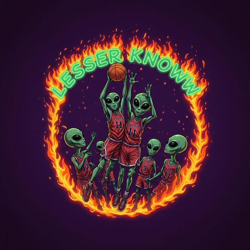 Aliens playing basketball and one is dunking the ball with the Words "Lesser Known" in purple background with  neon green lighting font surrounded by fire. the whole image is circular 