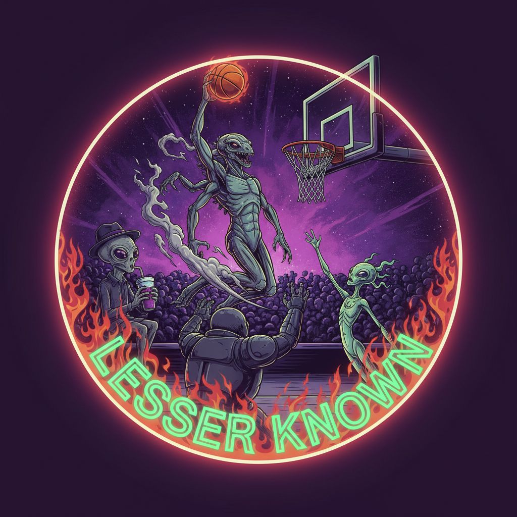 Aliens playing basketball and one is dunking the ball with the Words "Lesser Known" in purple background with  neon green lighting font surrounded by fire. the whole image is circular. One alien is sipping a double cup of lean in the bleachers 
