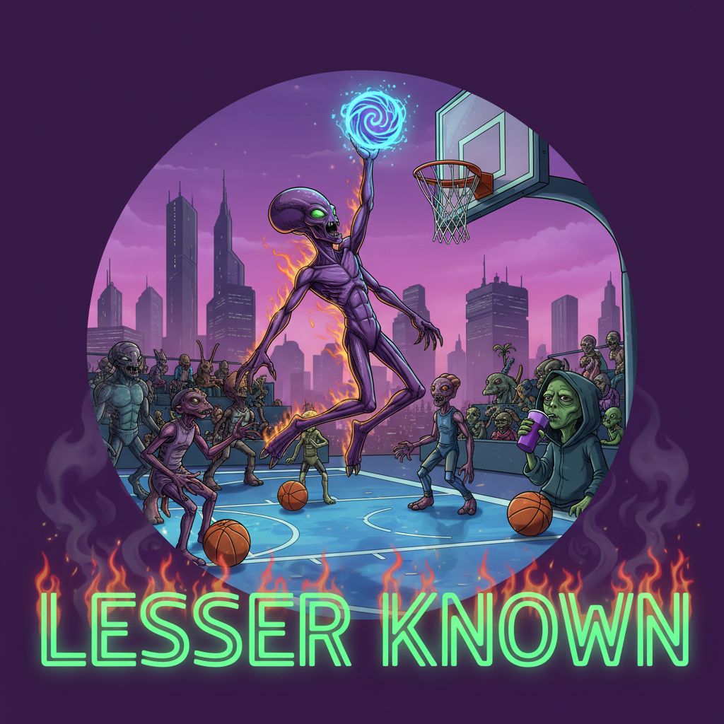 Aliens playing basketball and one is dunking the ball with the Words "Lesser Known" in purple background with  neon green lighting font surrounded by fire. the whole image is circular. One alien is sipping a double cup of lean in the bleachers 