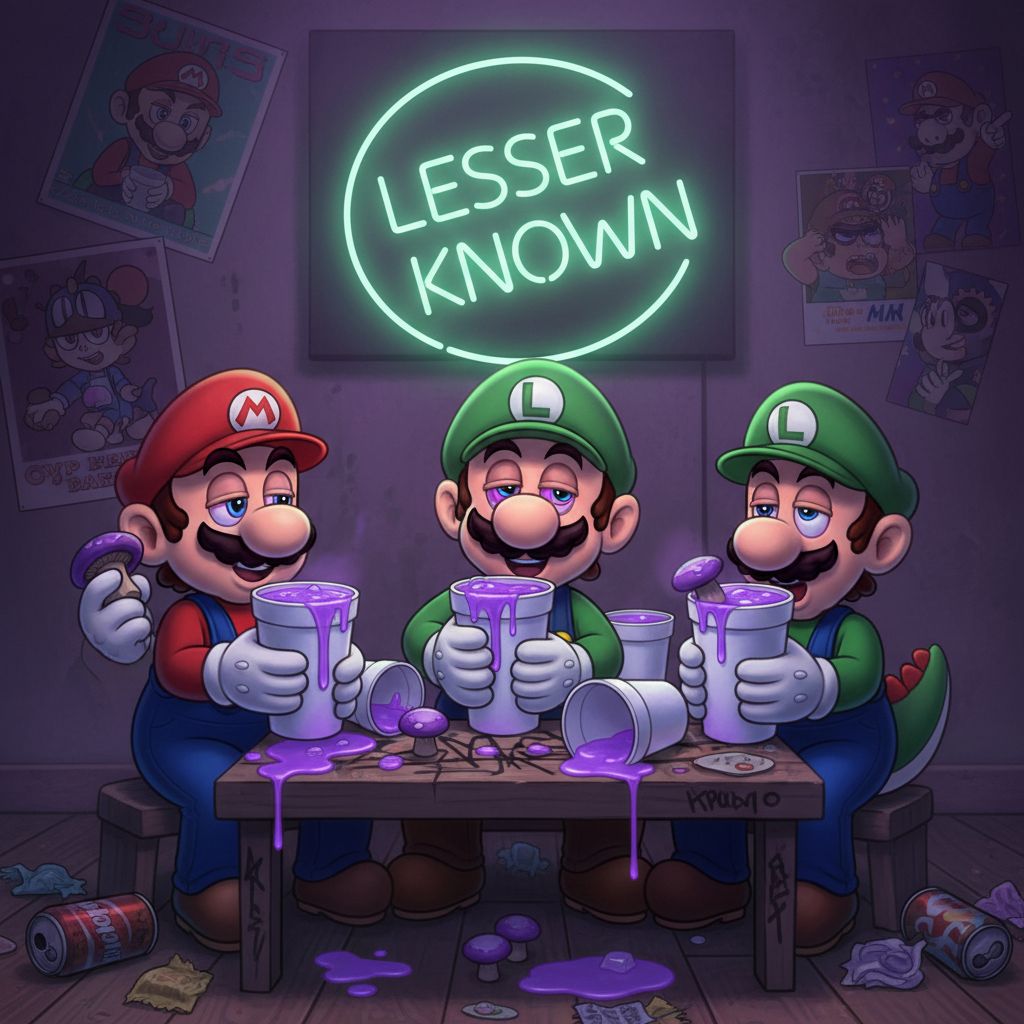 Mario, Luigi and Yoshi drinking purple lean out of a styrofoam cup, and eating small mushrooms. They are  looking woozy and the words "Lesser Known" are written in background on a Neon sign with Green writing. 