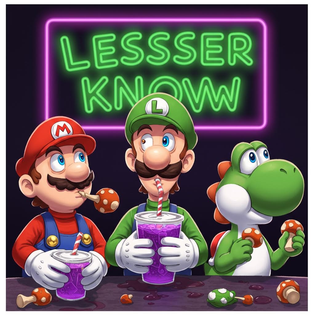 Mario, Luigi and Yoshi drinking purple lean out of a styrofoam cup, and eating small mushrooms. They are  looking woozy and the words "Lesser Known" are written in background on a Neon sign with Green writing. 