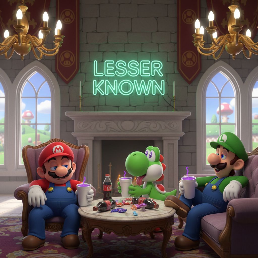 Mario, Luigi and Yoshi are at Peach's castle drinking purple lean out of a styrofoam cup, and eating small mushrooms. They are  looking woozy and the words "Lesser Known" are written in background on a Neon sign with Green writing. 