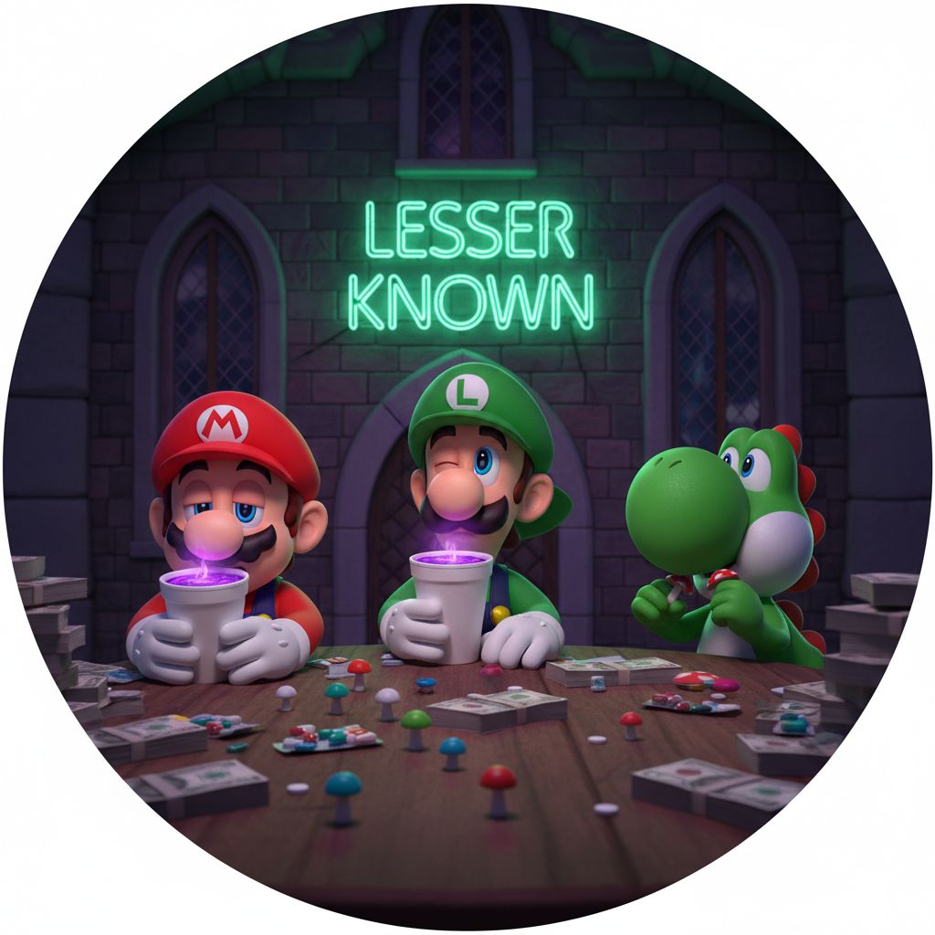 Mario, Luigi and Yoshi are at Peach's castle drinking purple lean out of a styrofoam cup, and eating small mushrooms. There are pills on the table and stacks of cash.  They are  looking woozy and the words "Lesser Known" are written in background on a Neon sign with Green writing. The whole Image is a large circle. 