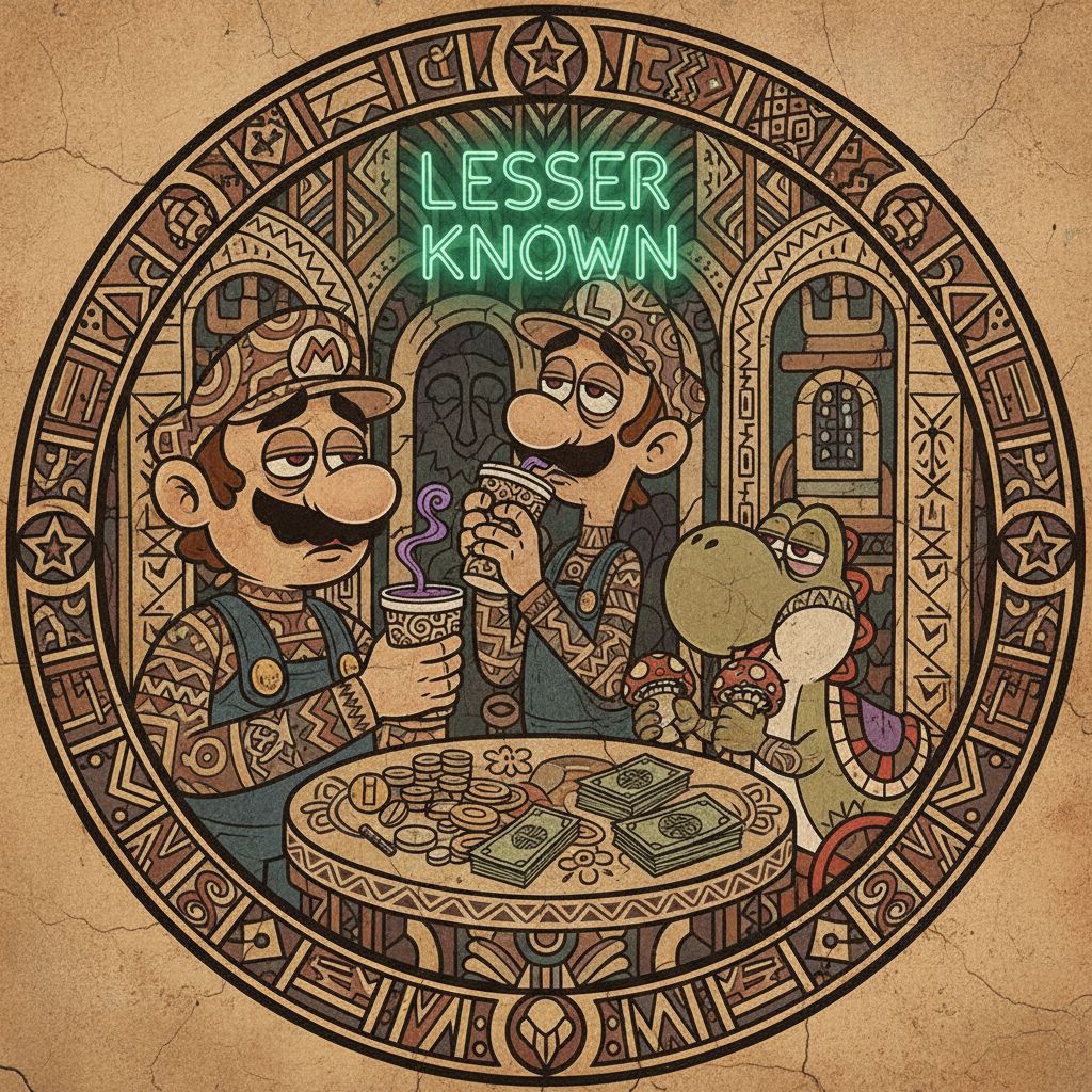 Mario, Luigi and Yoshi are at Peach's castle drinking purple lean out of a styrofoam cup, and eating small mushrooms. There are pills on the table and stacks of cash.  They are  looking woozy and the words "Lesser Known" are written in background on a Neon sign with Green writing. The whole Image is a large circle.  The image is Tribal Art style 
