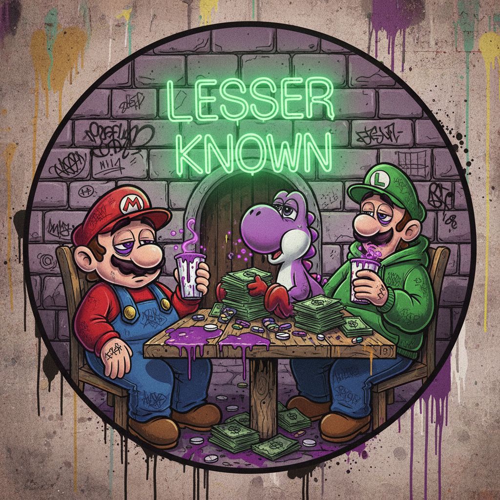 Mario, Luigi and Yoshi are at Peach's castle drinking purple lean out of a styrofoam cup, and eating small mushrooms. There are pills on the table and stacks of cash.  They are  looking woozy and the words "Lesser Known" are written in background on a Neon sign with Green writing. The whole Image is a large circle.  The image is Street Art style 