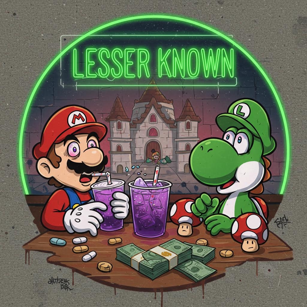 Mario, Luigi and Yoshi are at Peach's castle drinking purple lean out of a styrofoam cup, and eating small mushrooms. There are pills on the table and stacks of cash.  They are  looking woozy and the words "Lesser Known" are written in background on a Neon sign with Green writing. The whole Image is a large circle.  The image is Street Art style 