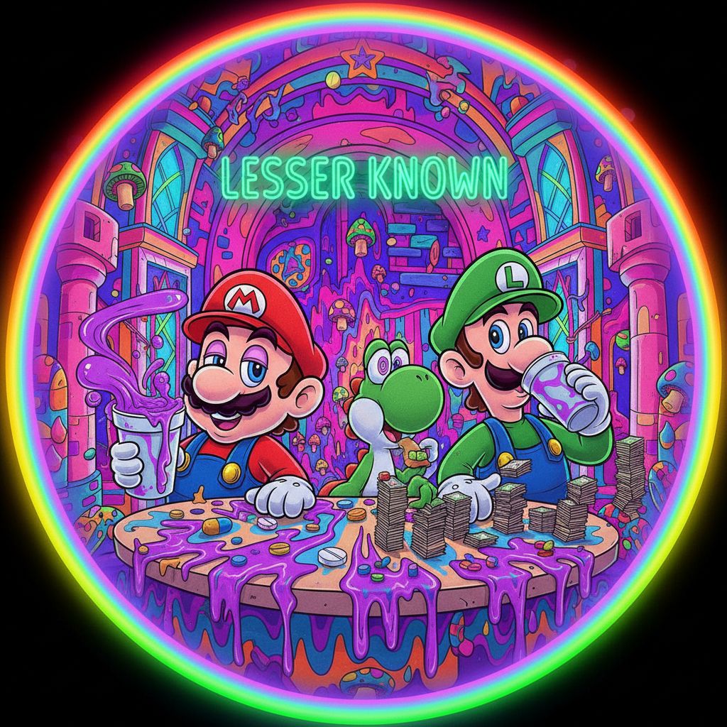 Mario, Luigi and Yoshi are at Peach's castle drinking purple lean out of a styrofoam cup, and eating small mushrooms. There are pills on the table and stacks of cash.  They are  looking woozy and the words "Lesser Known" are written in background on a Neon sign with Green writing. The whole Image is a large circle.  The image is psychedelic style