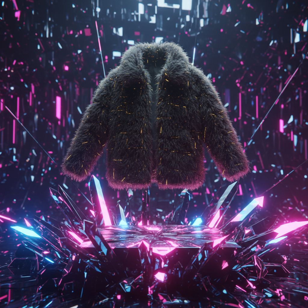 A futuristic product showcase of a faux fur jacket floating on a sharp, crystalline surface. The environment is made of faceted geometric shapes resembling reflective glass or holographic crystals, illuminated with neon pink, blue, and purple lights. The shoe is detailed and textured, with dark tones contrasted by subtle yellow accents. Dramatic, glossy reflections and vibrant sci-fi lighting create an energetic, high-tech visual atmosphere. Ultra-sharp, cinematic, and hyper-stylized. camera orbits and zooms in, shoe slowly spins.