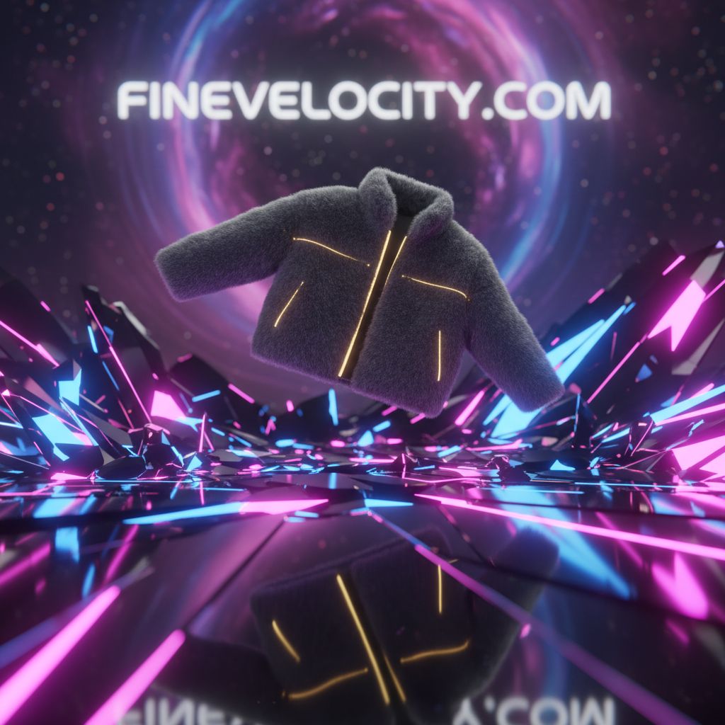 A futuristic product showcase of a faux fur jacket floating on a sharp, crystalline surface. The environment is made of faceted geometric shapes resembling reflective glass or holographic crystals, illuminated with neon pink, blue, and purple lights. The shoe is detailed and textured, with dark tones contrasted by subtle yellow accents. Dramatic, glossy reflections and vibrant sci-fi lighting create an energetic, high-tech visual atmosphere. Ultra-sharp, cinematic, and hyper-stylized. In the background the words written are "FINEVELOCITY.COM"