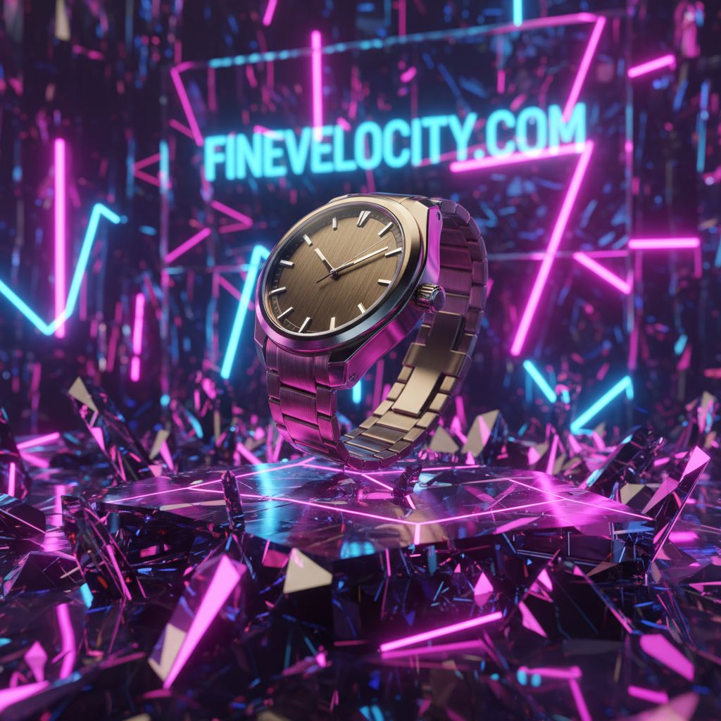 A futuristic product showcase of a watch floating on a sharp, crystalline surface. The environment is made of faceted geometric shapes resembling reflective glass or holographic crystals, illuminated with neon pink, blue, and purple lights. The watch is detailed and textured, with dark gold tones contrasted by subtle silver accents. Dramatic, glossy reflections and vibrant sci-fi lighting create an energetic, high-tech visual atmosphere. Ultra-sharp, cinematic, and hyper-stylized. In the background the words written are "FINEVELOCITY.COM"