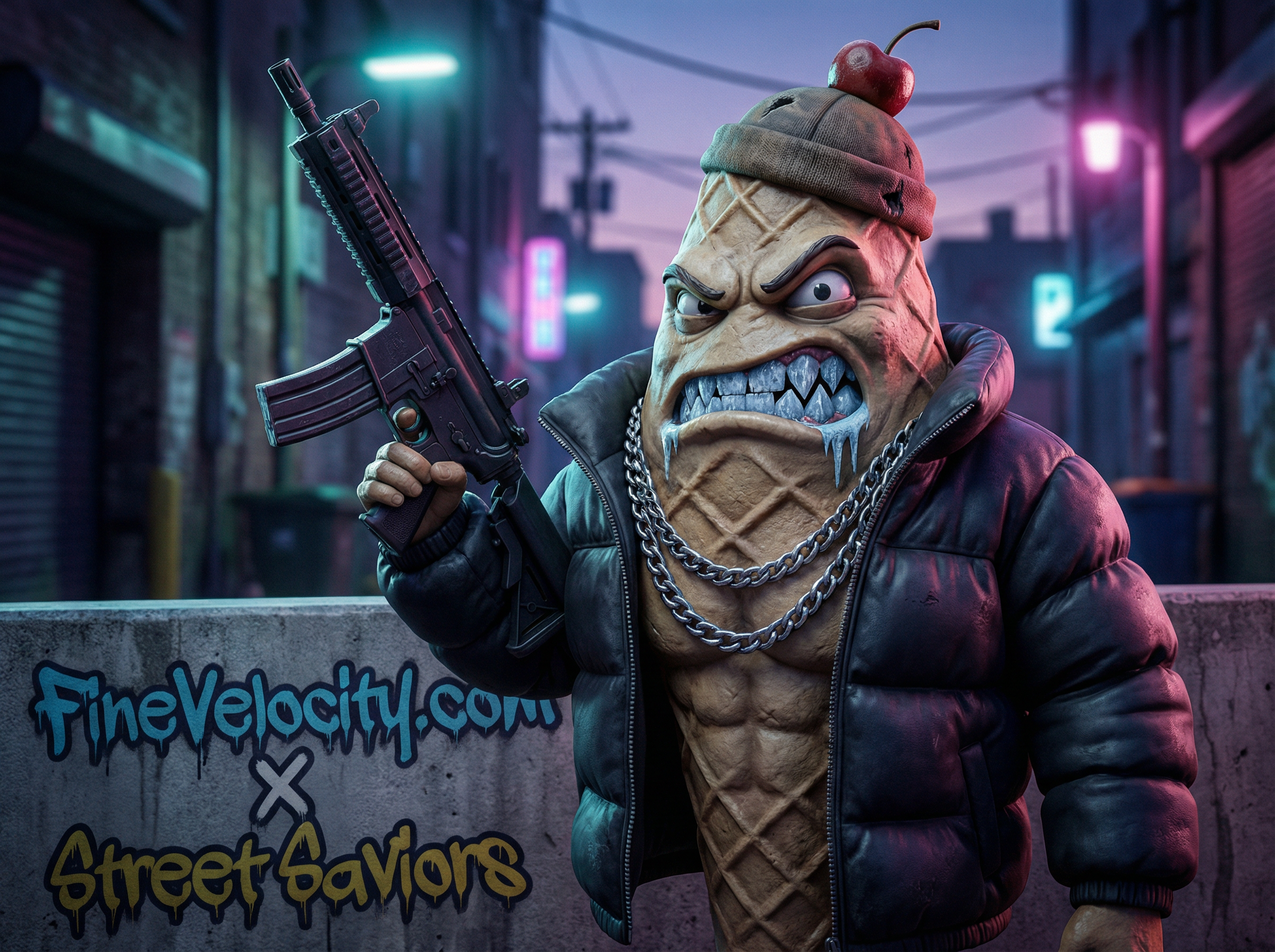 An Evil icecream cone that is showing his sharp teeth. He wears a puffer jacket, and chains and carrys a semi-automatic weapon. In front of him are the words Fine Velocity.com X Street Saviors. He is wearing a hat that looks like it was fashioned from a cherry and part of his head is dripping in icecream fashion, his cone is muscular 
