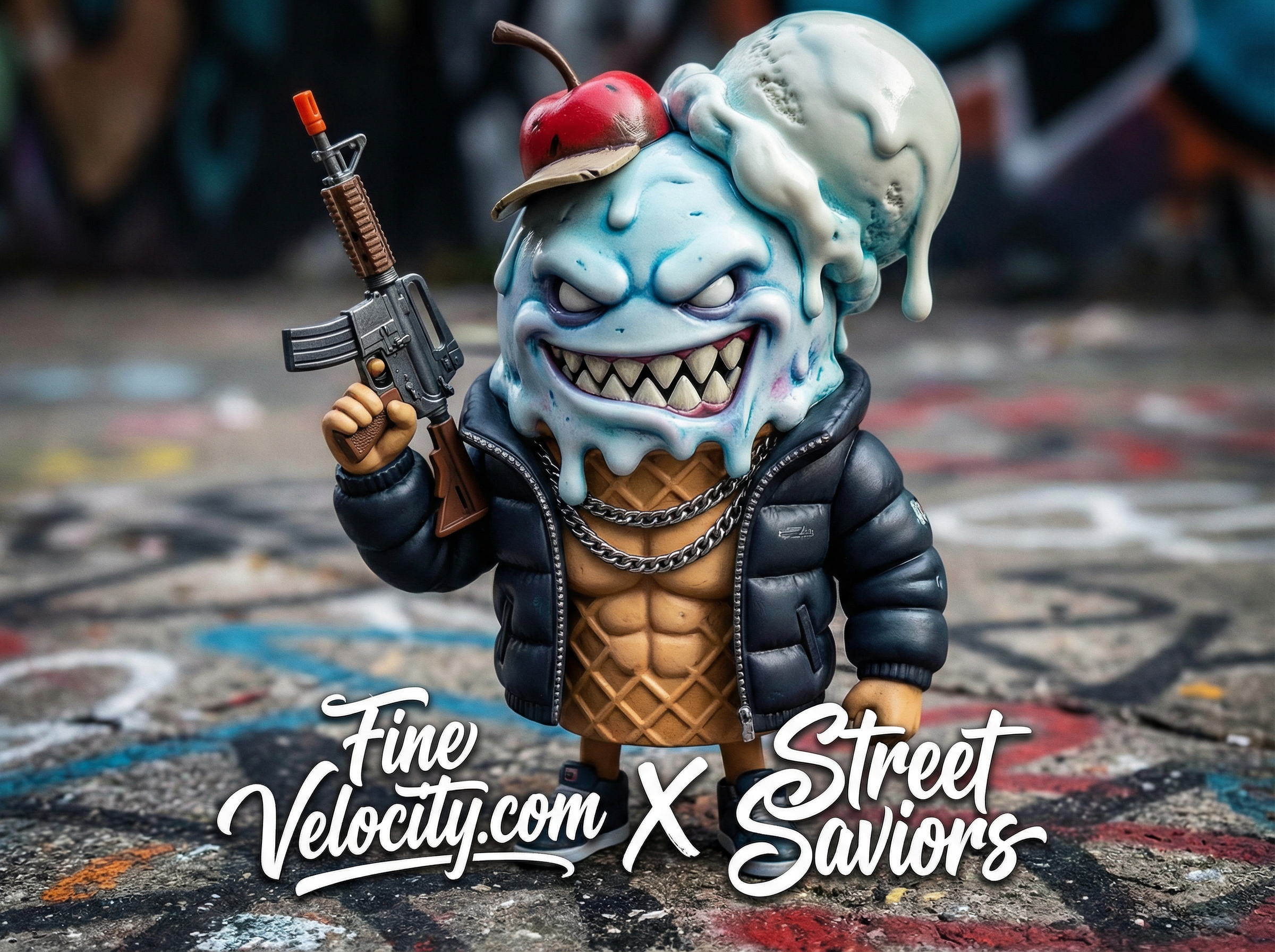 An Evil icecream cone that is showing his sharp teeth. He wears a puffer jacket, and chains and carrys a semi-automatic weapon. In front of him are the words Fine Velocity.com X Street Saviors. He is wearing a hat that looks like it was fashioned from a cherry and part of his head is dripping in icecream fashion, his cone is muscular, but he clearly has a shapely icecream scoop on top of his head. his legs are built too and his eyes have a glint of red to them . the weapon he is holding is all black and the chains are gold. In his teeth he has diamond grillz