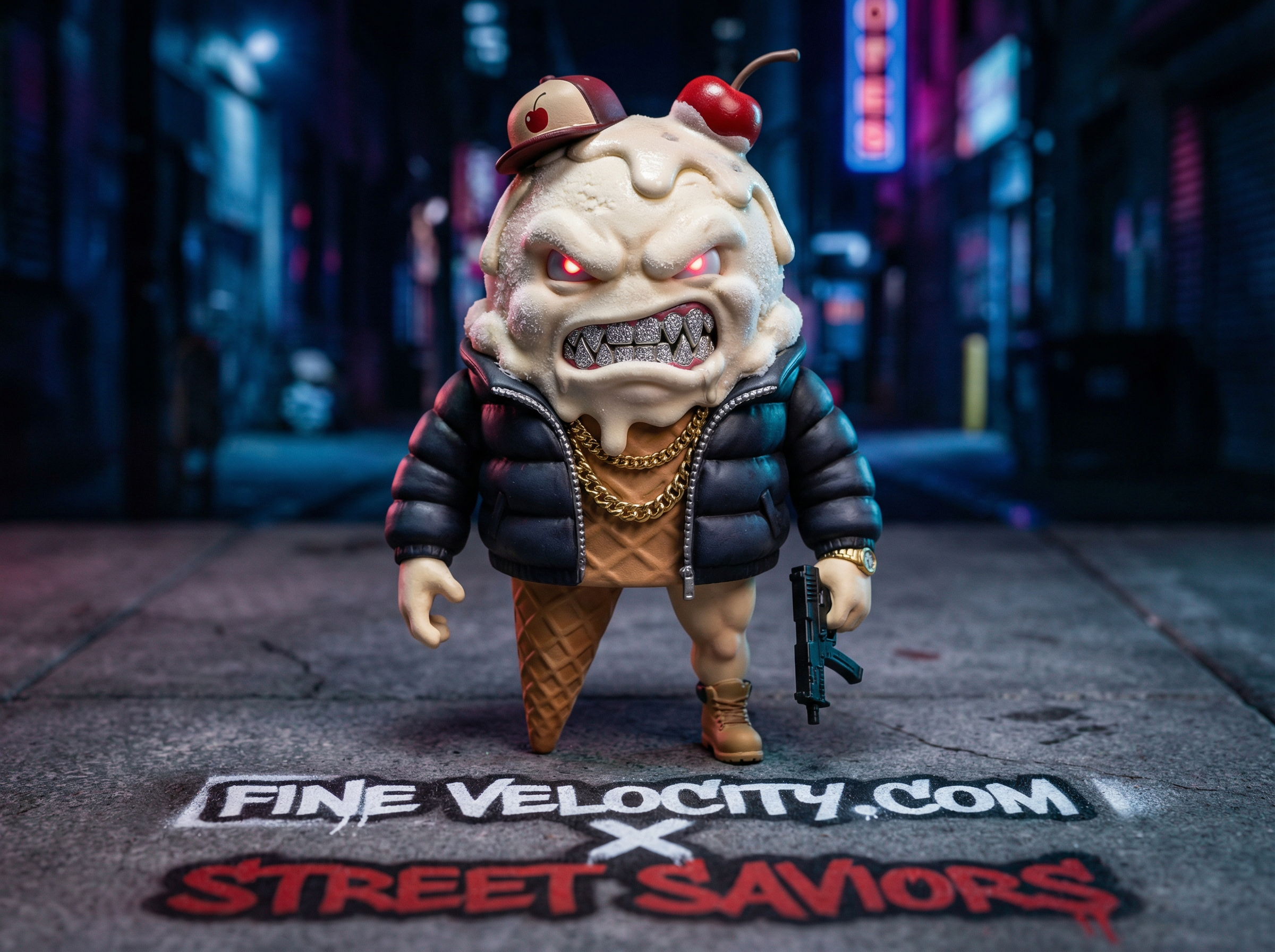 An Evil icecream cone that is showing his sharp teeth. He wears a puffer jacket, and chains and carrys a semi-automatic weapon. In front of him are the words Fine Velocity.com X Street Saviors. He is wearing a hat that looks like it was fashioned from a cherry and part of his head is dripping in icecream fashion, his cone is muscular, but he clearly has a shapely icecream scoop on top of his head. his legs are built too and his eyes have a glint of red to them . the weapon he is holding is all black and the chains are gold. In his teeth he has diamond grillz 