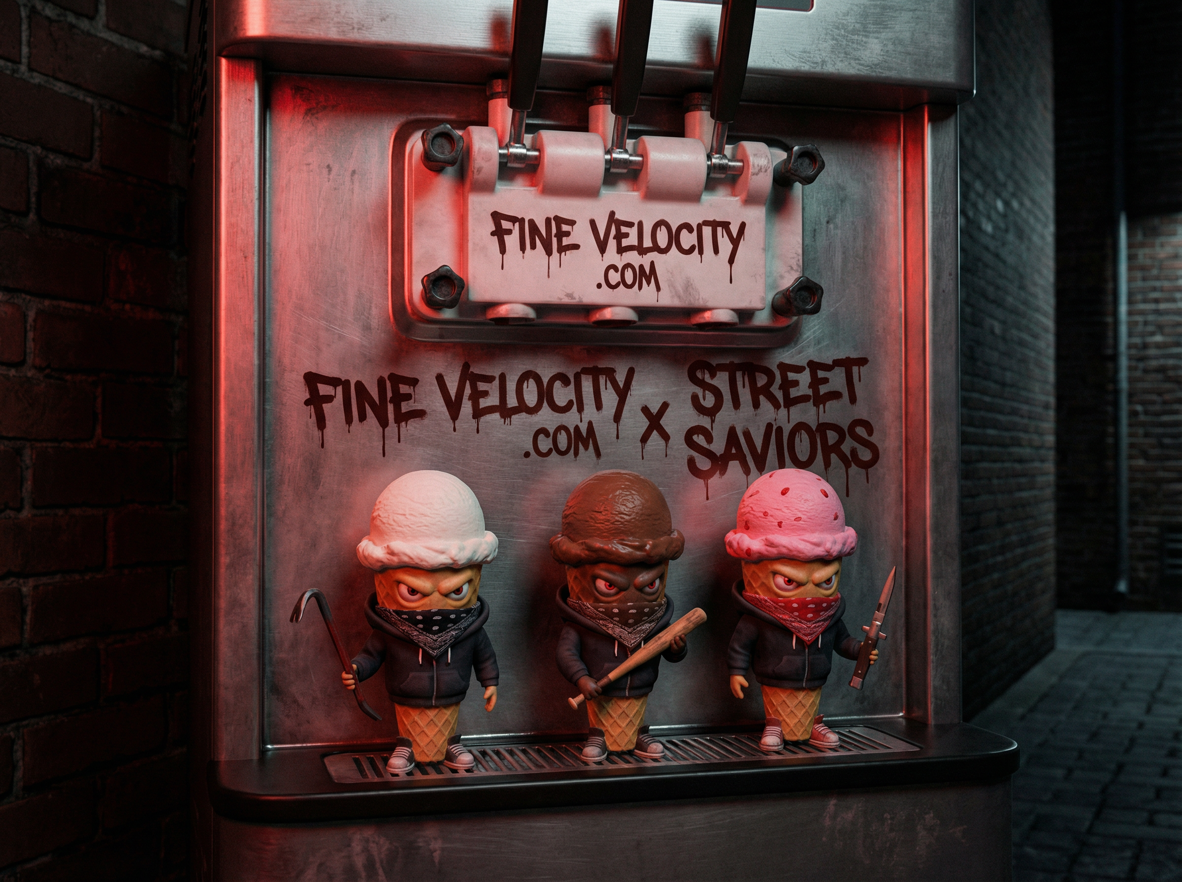 An Ice cream Machine that has 3 pumps and underneath it are 3 cones that are starting to become evil icecream cones. The cones are all thugs with a menacing look and a glint of red in their eyes and they all carry legitimate weapons. One Cone has a vanilla scoop for a head , one has a chocolate scoop for a head, and the thirds has a strawberry scoop for a head. On the icecream Machine the words FINE VELOCITY .COM X STREET SAVIORS IS PRINTED in clearly visible dripping font. 