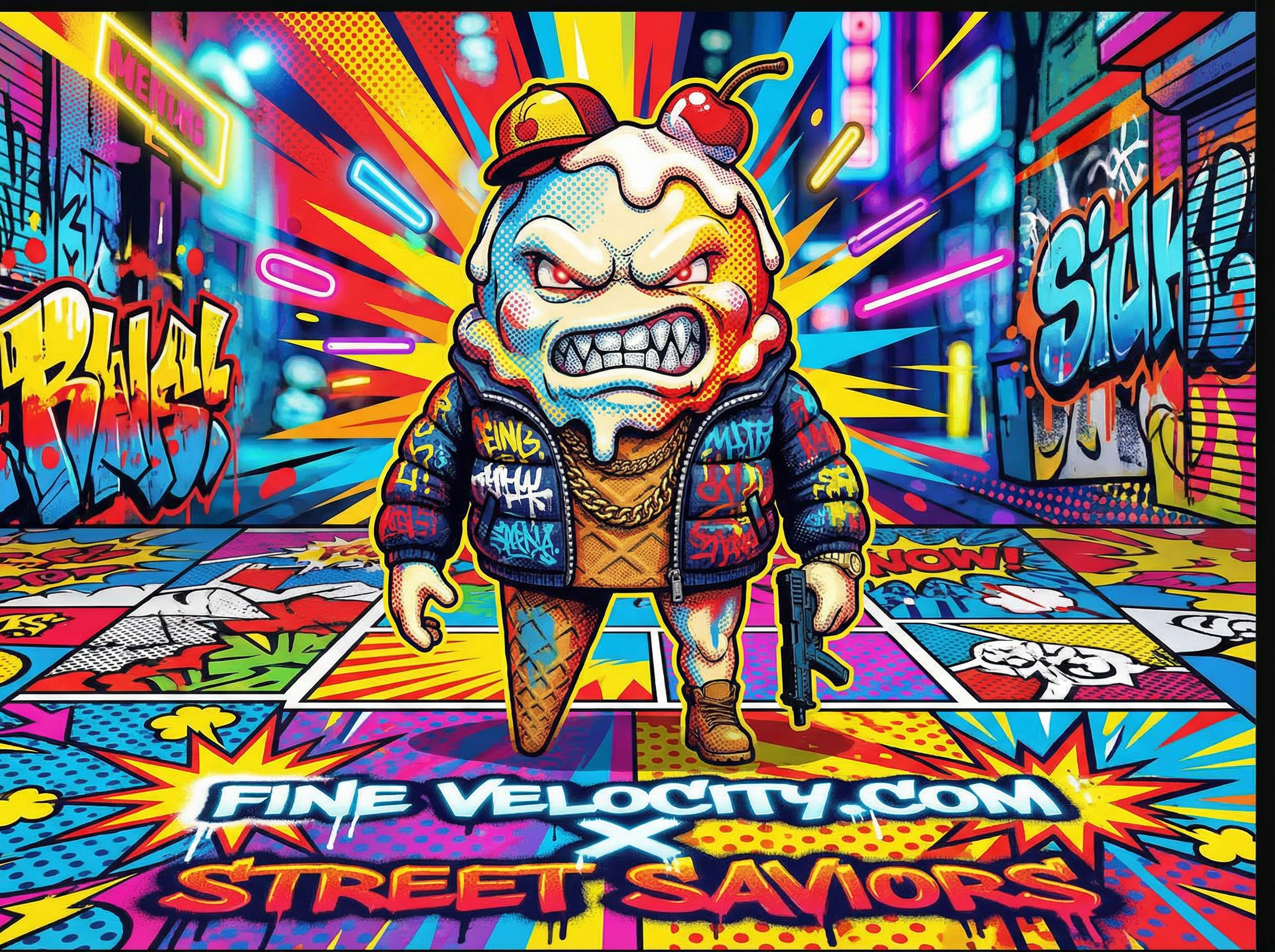 Make this image way more colorful and give it some graphic design pop art effects or maybe some elements of graffiti street art 