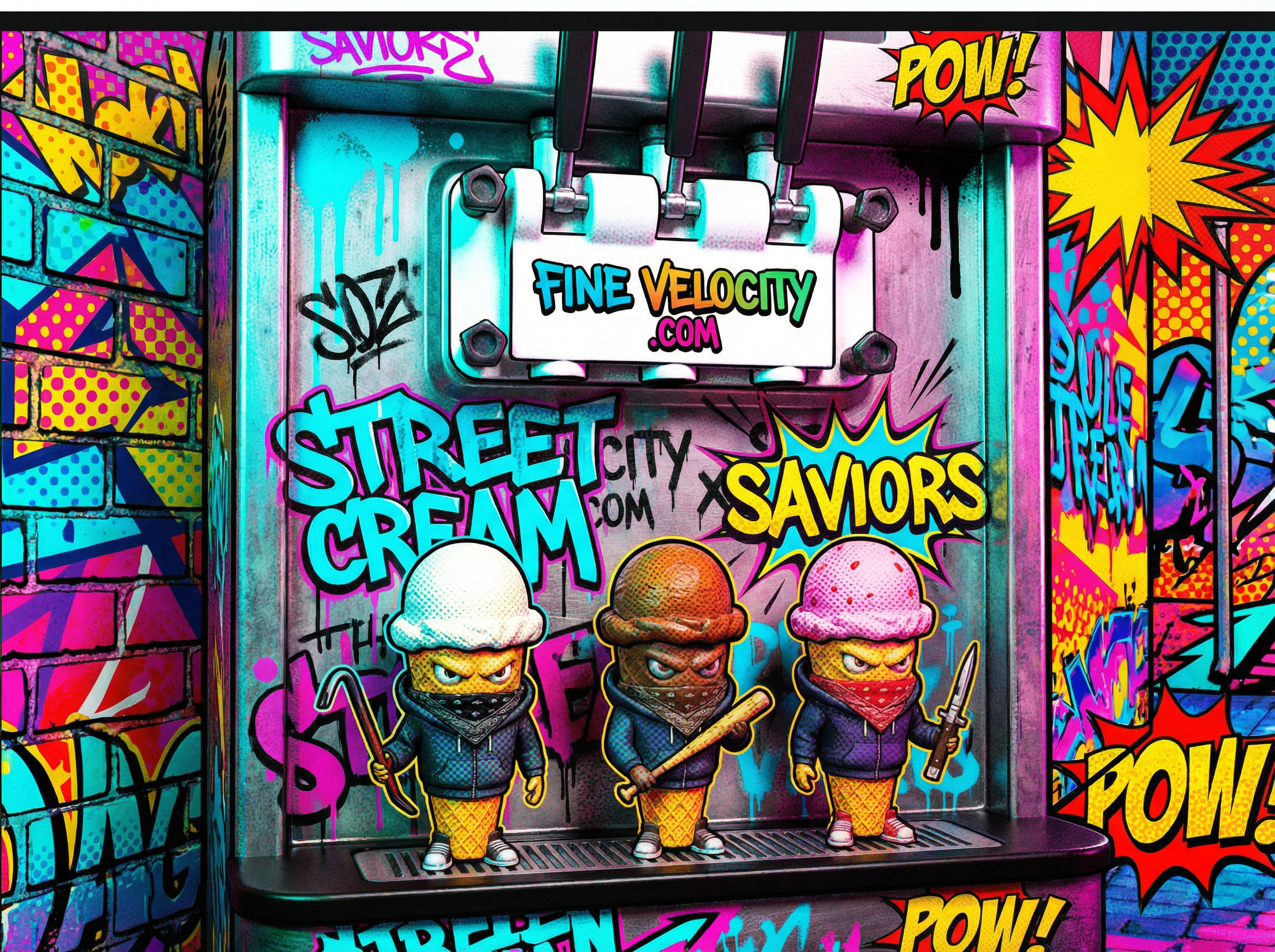 Make this image way more colorful and give it some graphic design pop art effects or maybe some elements of graffiti street art and feel free to take out some of the space on the sides and focus in on the icecream machine more