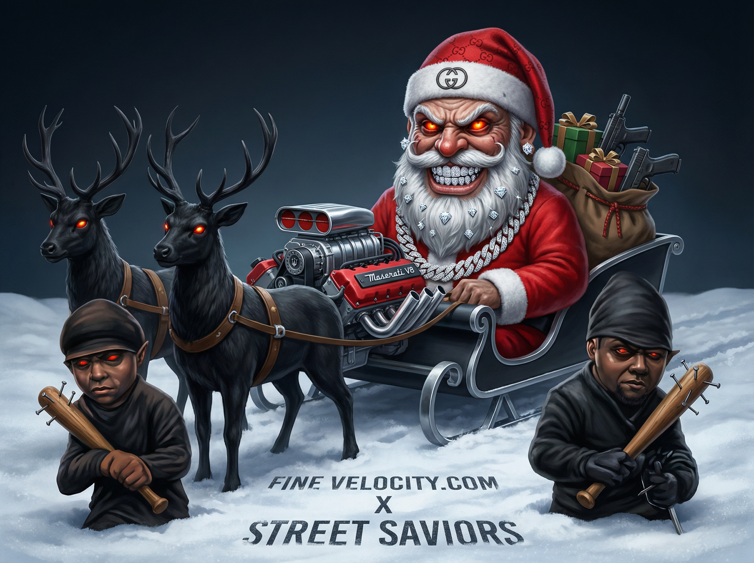 Evil Santa Clause has a glint of red in his eyes, and wears diamond grills for his menacing grin. He wears diamond earrings, has an iced-out chain, and has diamonds in his beard. His hat looks like it's a traditional santa hat but it's branded by gucci or a famous designer. Evil santa's reindeer are pitch black in skintone and have red eyes themselves. the engine of the sleigh appears to be made by maserati or a famous car engine, and all of his elves are thugged-out and carry baseball bats with metal nails poking out. In front of Evil santa, in the snow, are written the words : FINE VELOCITY.COM X STREET SAVIORS. Also in his gift bags there are clearly some guns poking out.