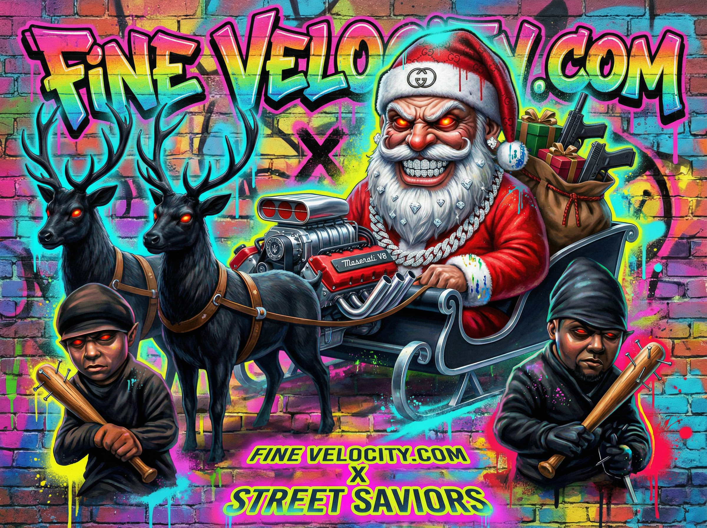 Evil Santa Clause has a glint of red in his eyes, and wears diamond grills for his menacing grin. He wears diamond earrings, has an iced-out chain, and has diamonds in his beard. His hat looks like it's a traditional santa hat but it's branded by gucci or a famous designer. Evil santa's reindeer are pitch black in skintone and have red eyes themselves. the engine of the sleigh appears to be made by maserati or a famous car engine, and all of his elves are thugged-out and carry baseball bats with metal nails poking out. In front of Evil santa, in the snow, are written the words : FINE VELOCITY.COM X STREET SAVIORS. Also in his gift bags there are clearly some guns poking out. Make this image more colorful and don't be afraid to add some graphic design effects to make it look more like pop art or street graffiti