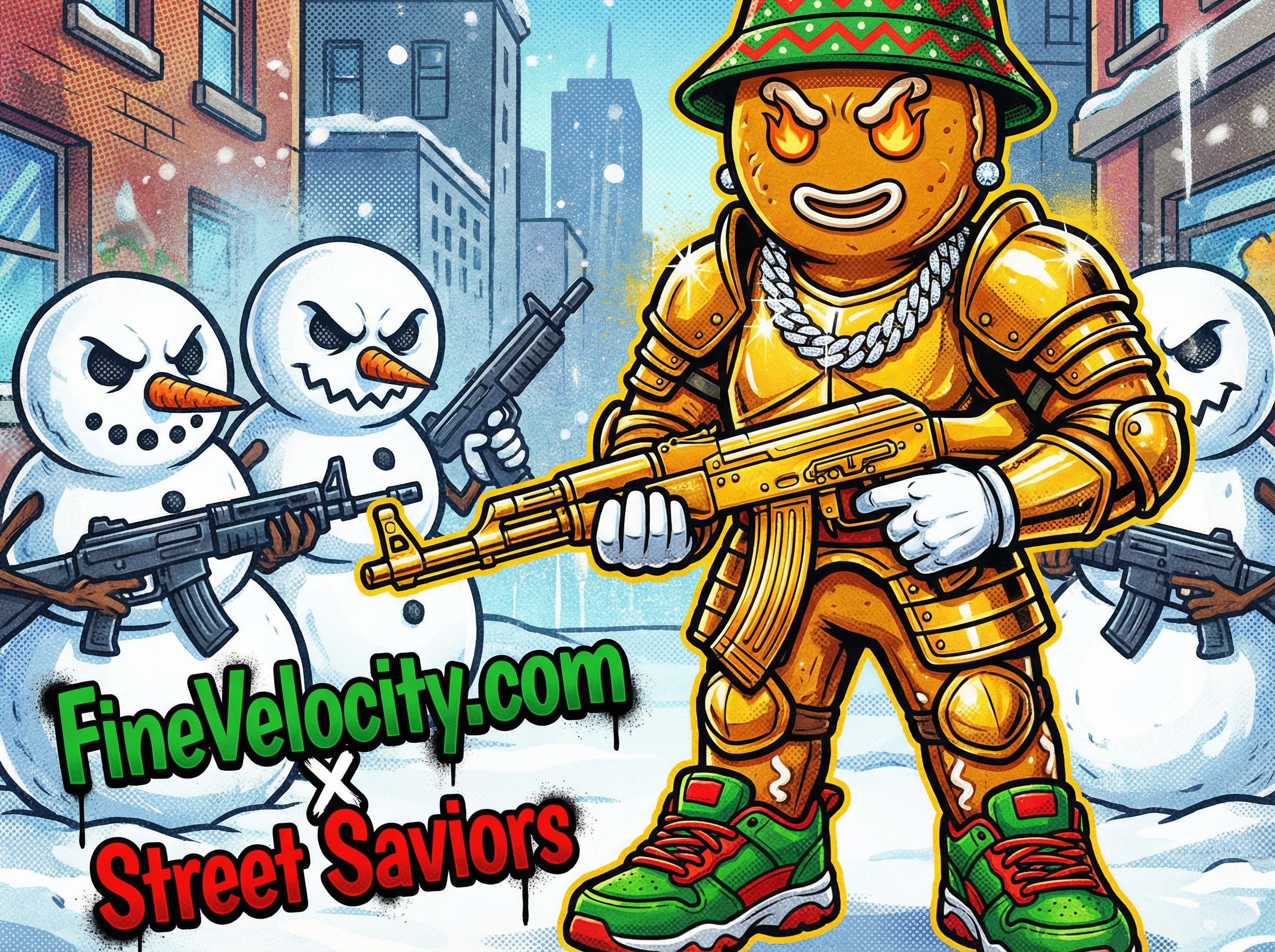 a tough Gingerbread man stands with upright posture, with fire in his eyes and an iced out chain and diamond earrings. He is muscular in stature and is also wearing the golden armor of a knight where the white swirls on his design would normally be. He is a wielding a golden rifle that is taking use of both of his hands. On his head is a green and red gucci bucket hat. For his shoes green and red gucci kicks. he is standing in front of 3 to 5 snowmen who all have semi automatic weapons of their own and menacing features. In the snow in front of the gingerbread man there is alternating green and red font that reads: FineVelocity.com X Street Saviors. the entire image is colorful and bold and has some pop art graphic effects sometimes resembling street art graffiti too