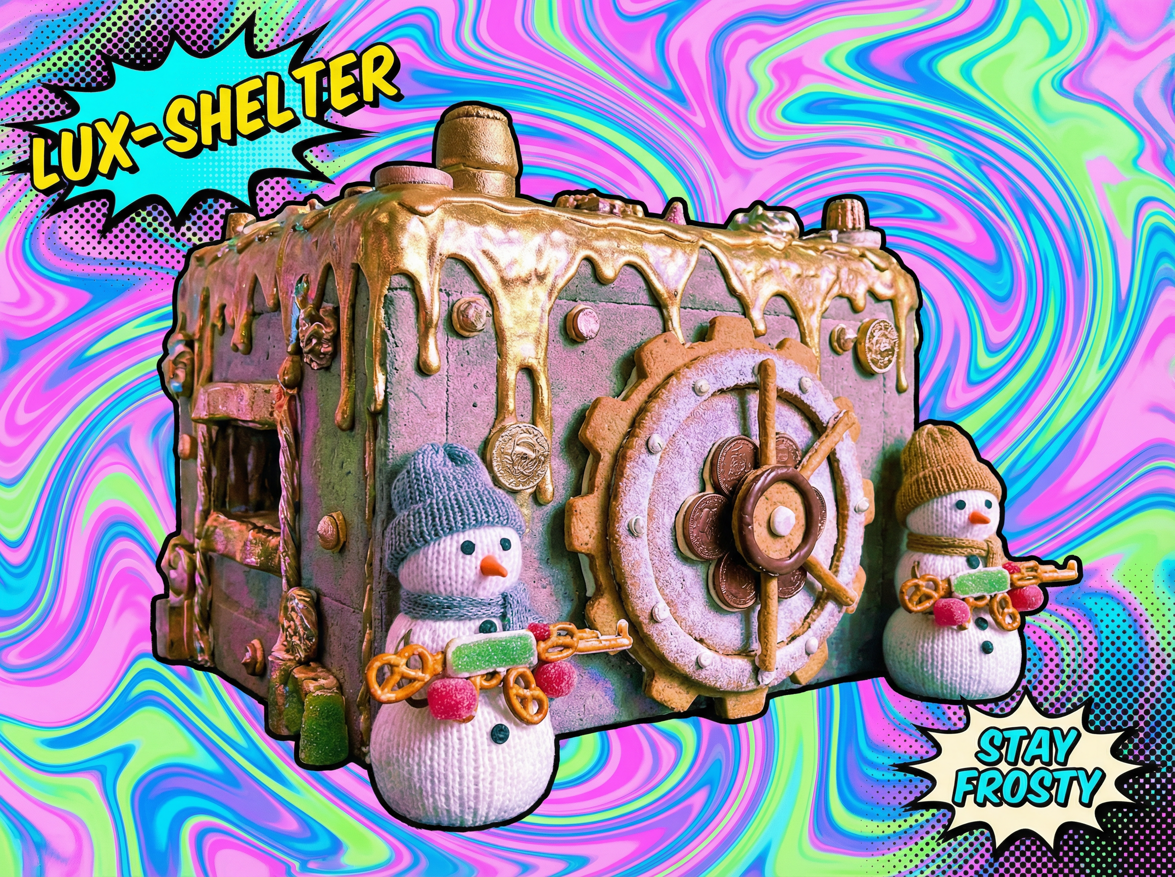 A Gingerbread House that looks more like a bomb shelter luxury housing with pop art effects and psychedelic imaging . the outside of the house is dripping in gold frosting and there are snowmen with ak47s guarding the door that looks like the door to a bank vault