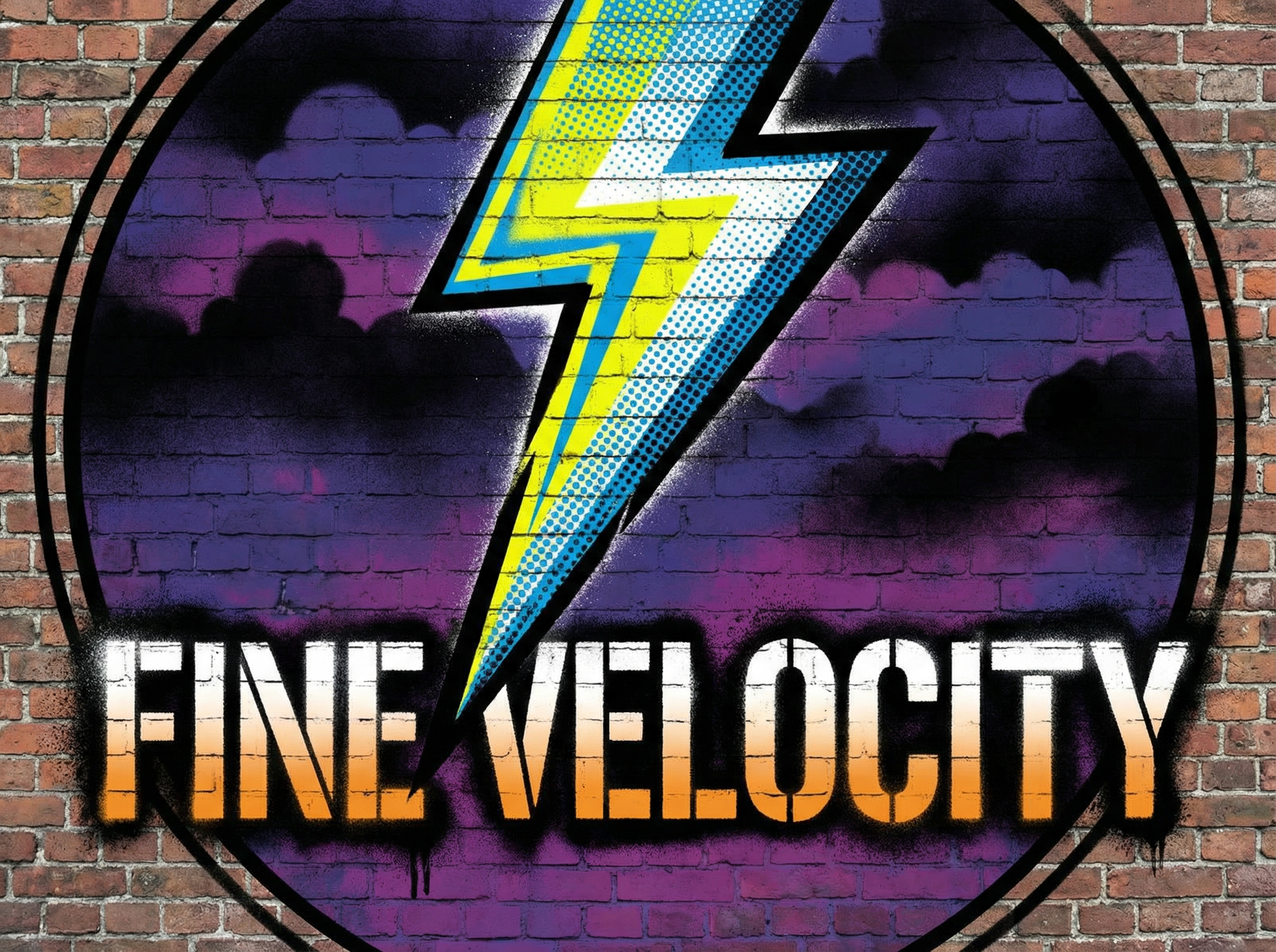 A pop art/ Street graffiti image of a lightning bolt tearing through the dark sky. There is writing that says "FINE VELOCITY" . The whole image resembles something that could be used as a company logo