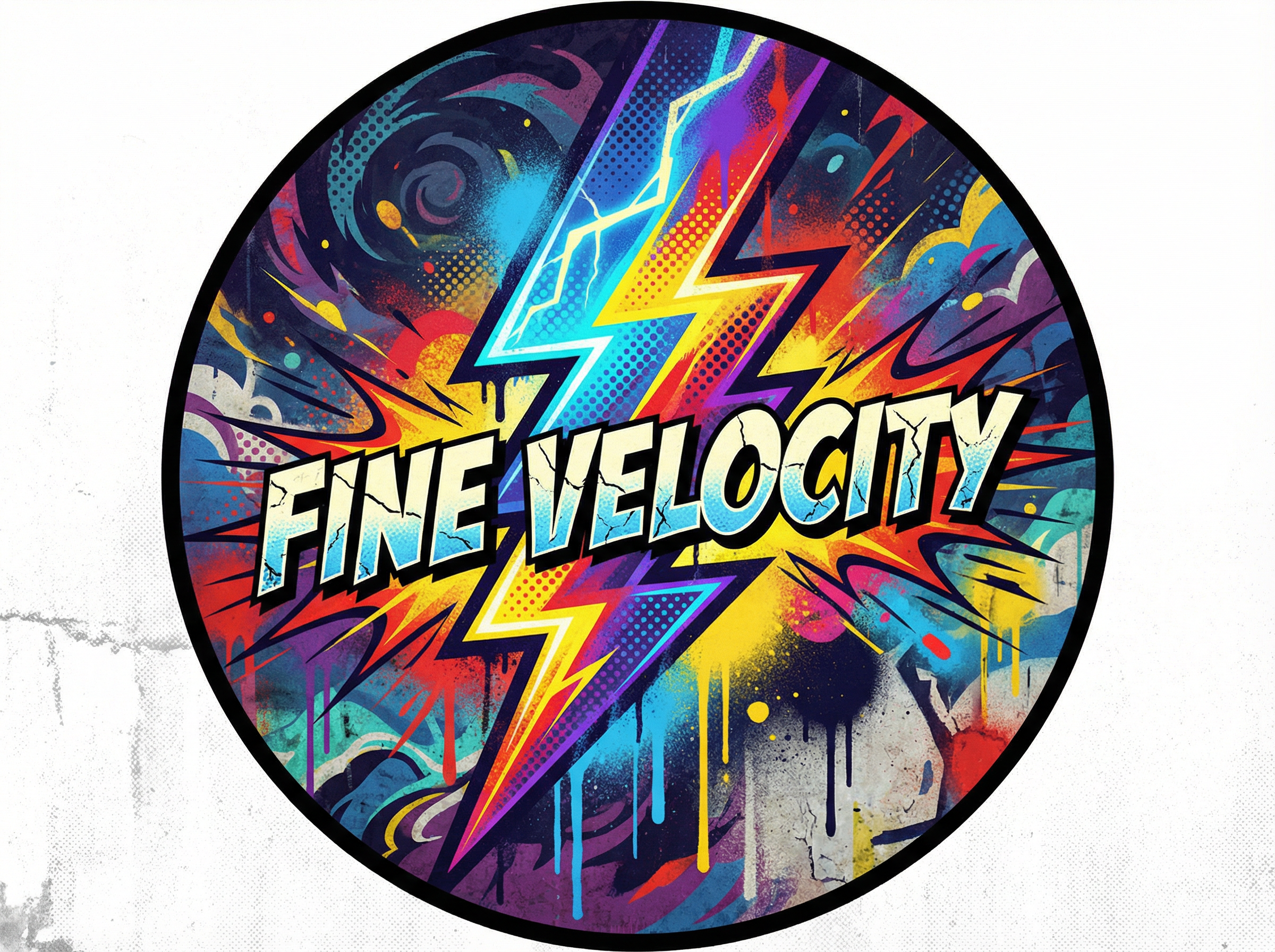 A pop art/ Street graffiti image of a lightning bolt tearing through the dark sky. There is writing that says "FINE VELOCITY" and the letters appear to be like those from a comic book. The whole image resembles something that could be used as a company logo and is circular in shape. The image has a nice blend of a lot of color
