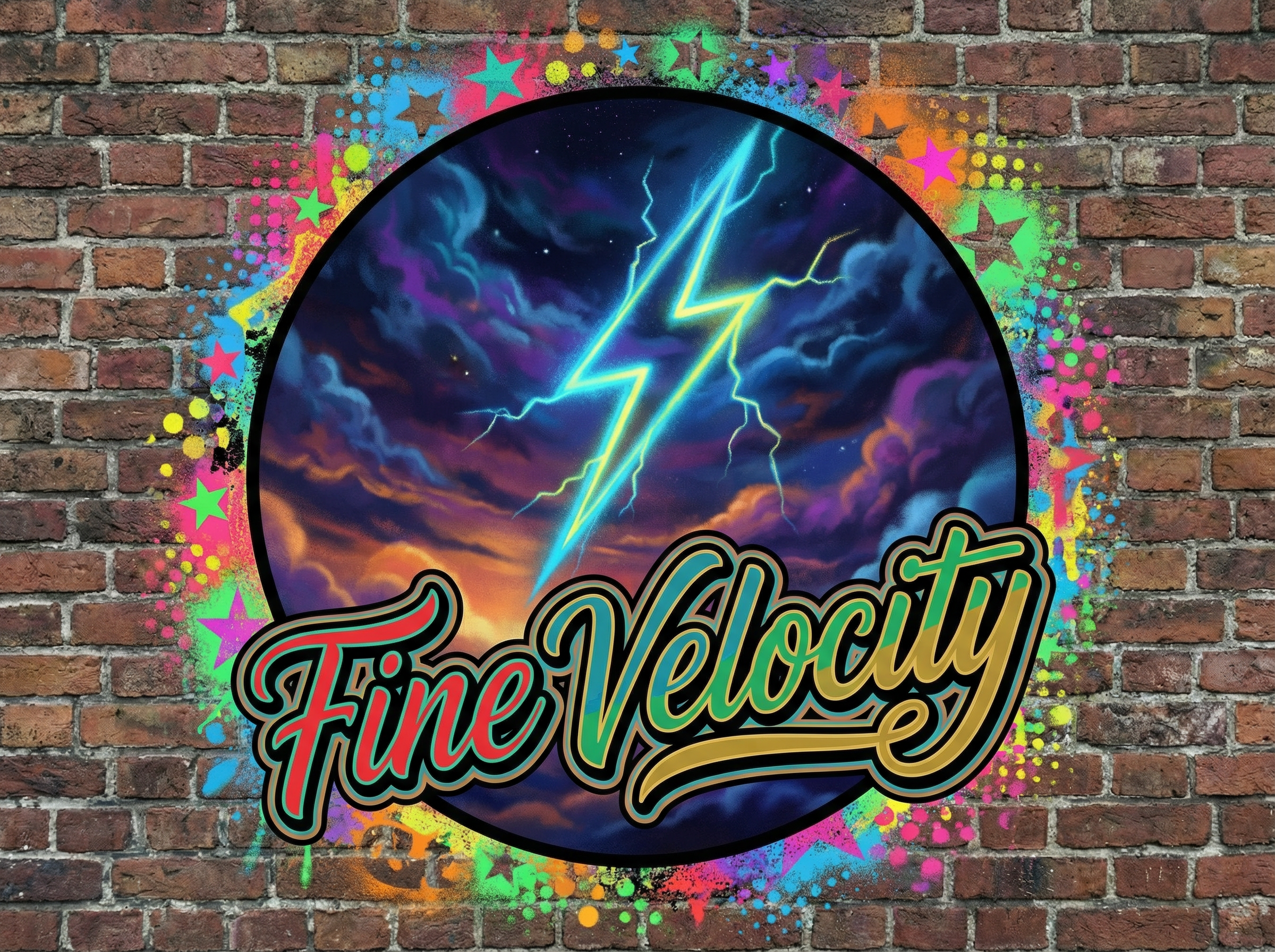 A pop art/ Street graffiti image of a single thin lightning bolt tearing through the dark sky. There is writing that says "FINE VELOCITY" and the letters appear to be like those from a comic book except they are cursive. The whole image resembles something that could be used as a company logo and is circular in shape. The image has a nice blend of a lot of color