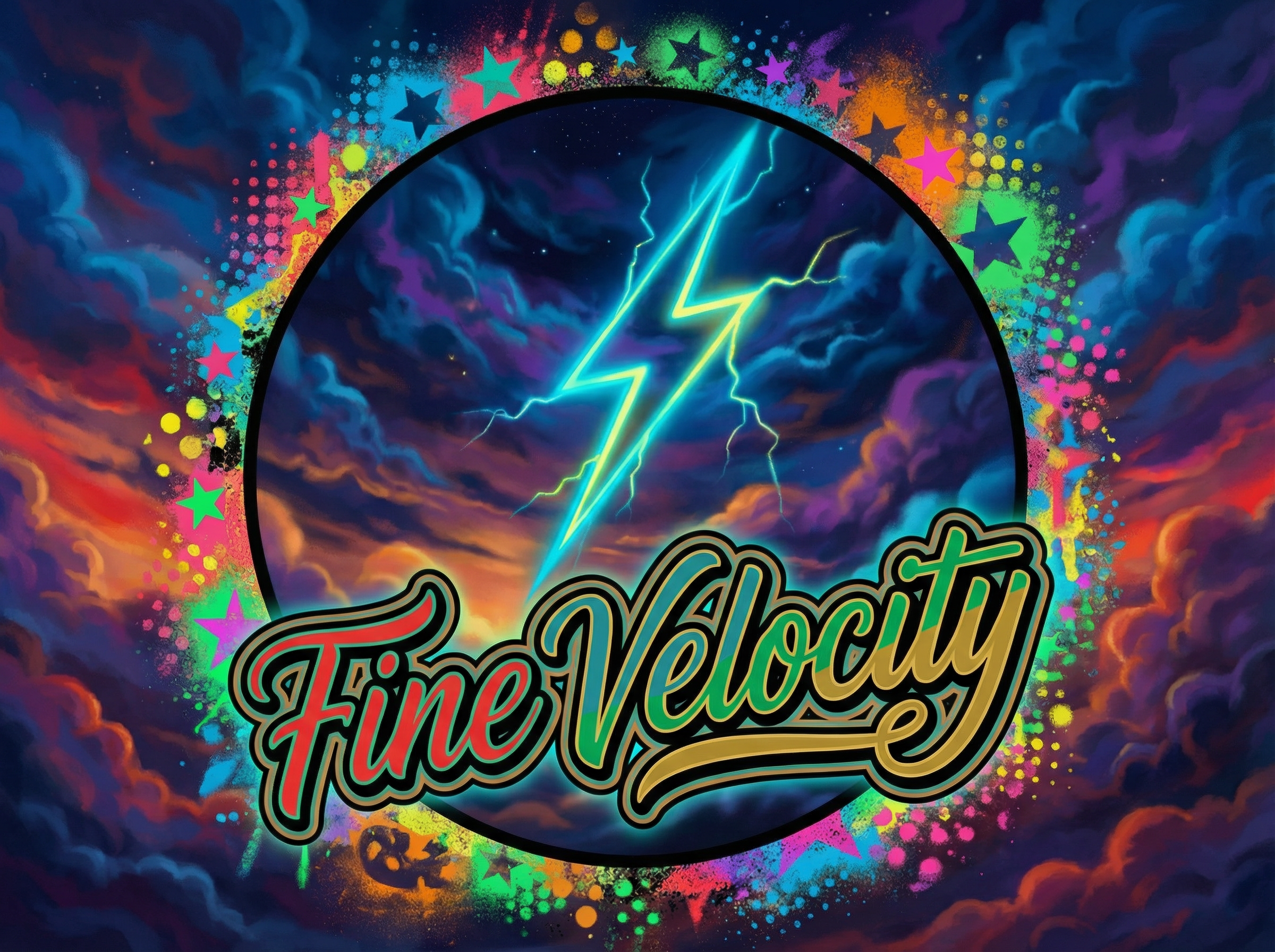 I need an improved version of the attached image that could fit as a whole banner on a website. Have no brick wall, just have beautiful colorful sky with a lightning storm cutting through and the one large stereotypical bolt shape is in the center of the photo above the FINE VELOCITY text