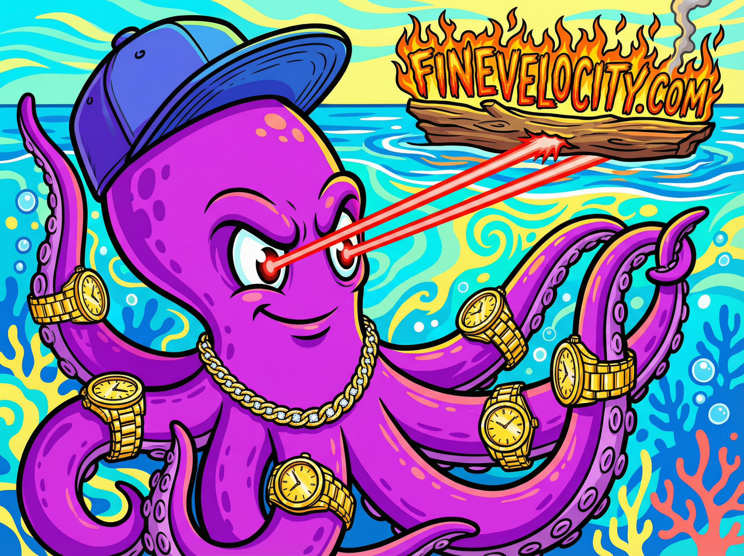 A grape-purple octopus in water wears 8 gold watches and a chain that has diamonds, and has a laser beam shooting from his eyes. The laser beam burns a small fire and spells out the words FINEVELOCITY.COM. He is smirking slightly. The image takes inspiration from pop art because it is a very colorful image overall. He is also wearing a baseball style hat that is tilted to the Side