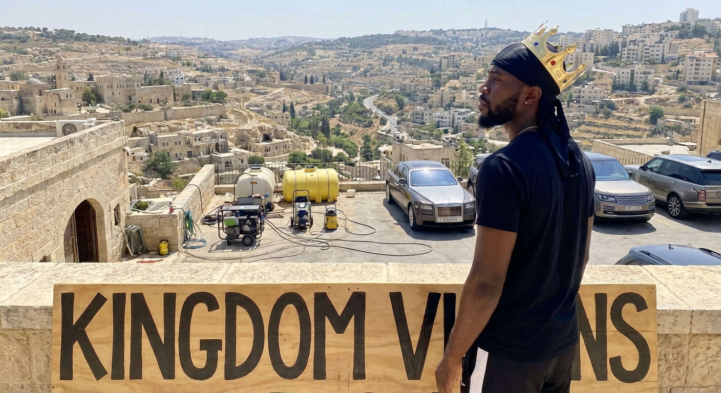  A Black man with a du rag and a crown overlooking a kingdom. In front of the kingdom there are luxury cars and pressure washing materials. In front of the pressure washing there are words written " Kingdom Visions" 