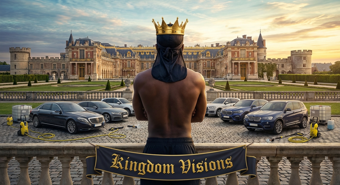  A Black man with a du rag and a crown overlooking a royal kingdom and palace. You cannot see his face only his back and his arms crossed.  In front of the kingdom there are luxury cars and pressure washing materials to wash the cars with.  In front of the pressure washing there are the words visibly written " Kingdom Visions" 