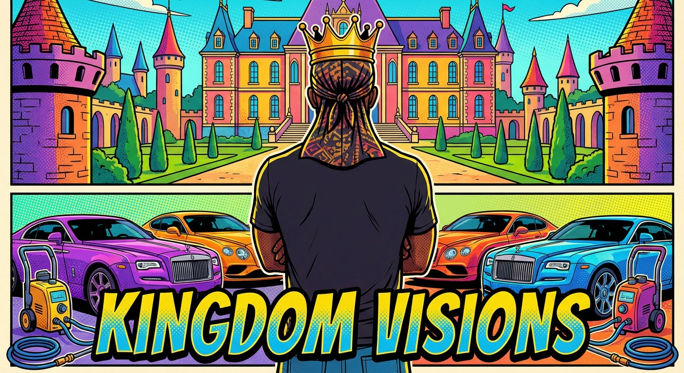  A Black man with a du rag and a crown overlooking a royal kingdom and palace. You cannot see his face only his back and his arms crossed.  In front of the kingdom there are luxury cars and pressure washing materials to wash the cars with.  In front of the pressure washing there are the words visibly written " Kingdom Visions".  The whole image is very colorful and takes inspiration from pop art and graphic design 