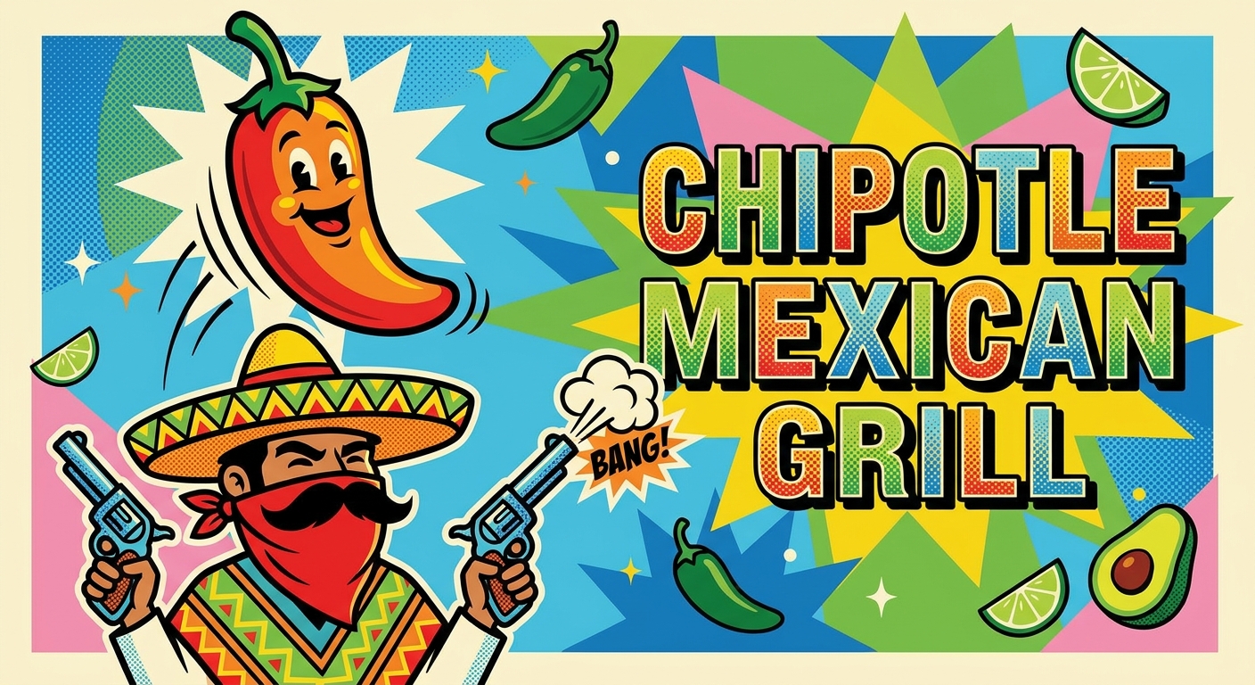 Use Chipotle's current logo but introduce a new color scheme and use inspiration for pop art and graphic design. Have the pepper from the logo bouncing and being lively with a stereotypical spicy mexican personification. The whole image is very colorful and could be described as fresh. The mexican is holding 2 guns and wearing a bandana that covers nearly his whole face except for his mustache. One of the guns has expelled a bullet 
