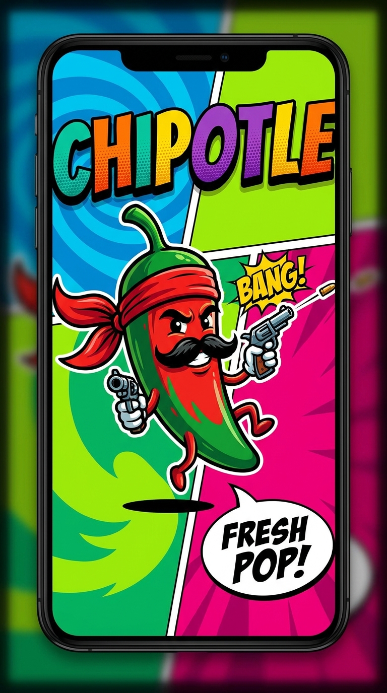 Use Chipotle's current logo but introduce a new color scheme and use inspiration for pop art and graphic design. Have the pepper from the logo bouncing and being lively with a stereotypical spicy mexican personification. The whole image is very colorful and could be described as fresh. The mexican is holding 2 guns and wearing a bandana that covers nearly his whole face except for his mustache. One of the guns has expelled a bullet. Make it the perfect size for an Iphone background and dont be afraid to add some shadows to the outside frame
