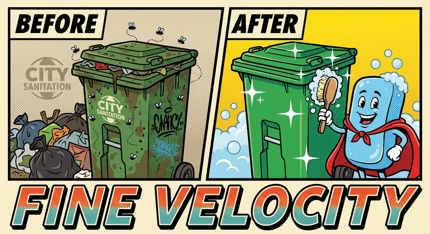 Show a before and after of a trash bin that got cleaned super well. The trash bin should look like a neighborhood trash bin that gets collected by the residence city. The images take inspiration from graphic design and pop art and there is a soap character personified who wears a cape and is cleaning in action. At the bottom of the image reads the words: FINE VELOCITY 