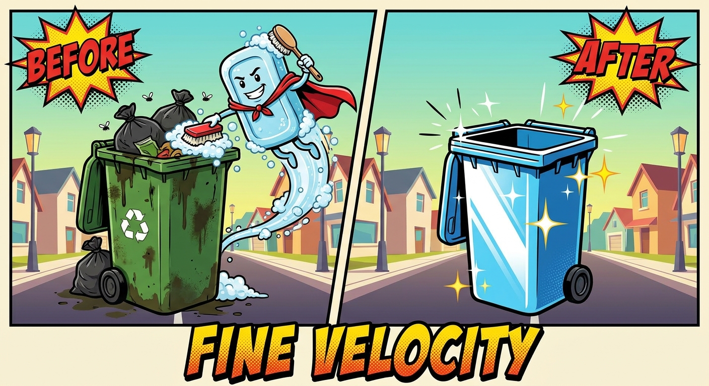 Show a before and after of a trash bin that got cleaned super well. The trash bin should look like a neighborhood trash bin that gets collected by the residence city. The images take inspiration from graphic design and pop art and there is a soap character personified who wears a cape and is cleaning in action. At the bottom of the image reads the words: FINE VELOCITY 
