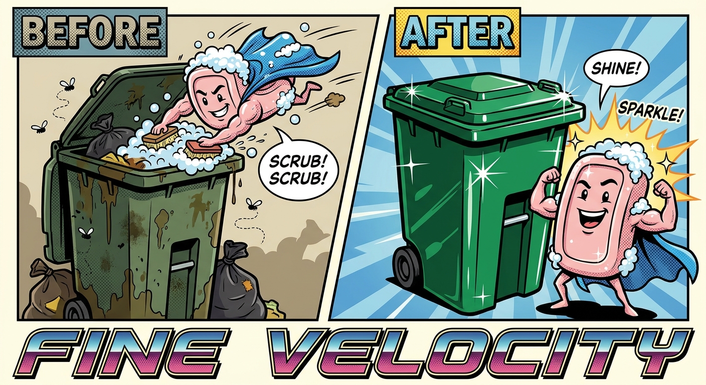 Show a before and after of a trash bin that got cleaned super well. The trash bin should look like a neighborhood trash bin that gets collected by the residence city. The images take inspiration from graphic design and pop art and there is a soap character personified who wears a cape and is cleaning in action. At the bottom of the image reads the words: FINE VELOCITY. Make sure the base-color of the trash bin remains effectively the same but the after shows a polished and shiny product.  