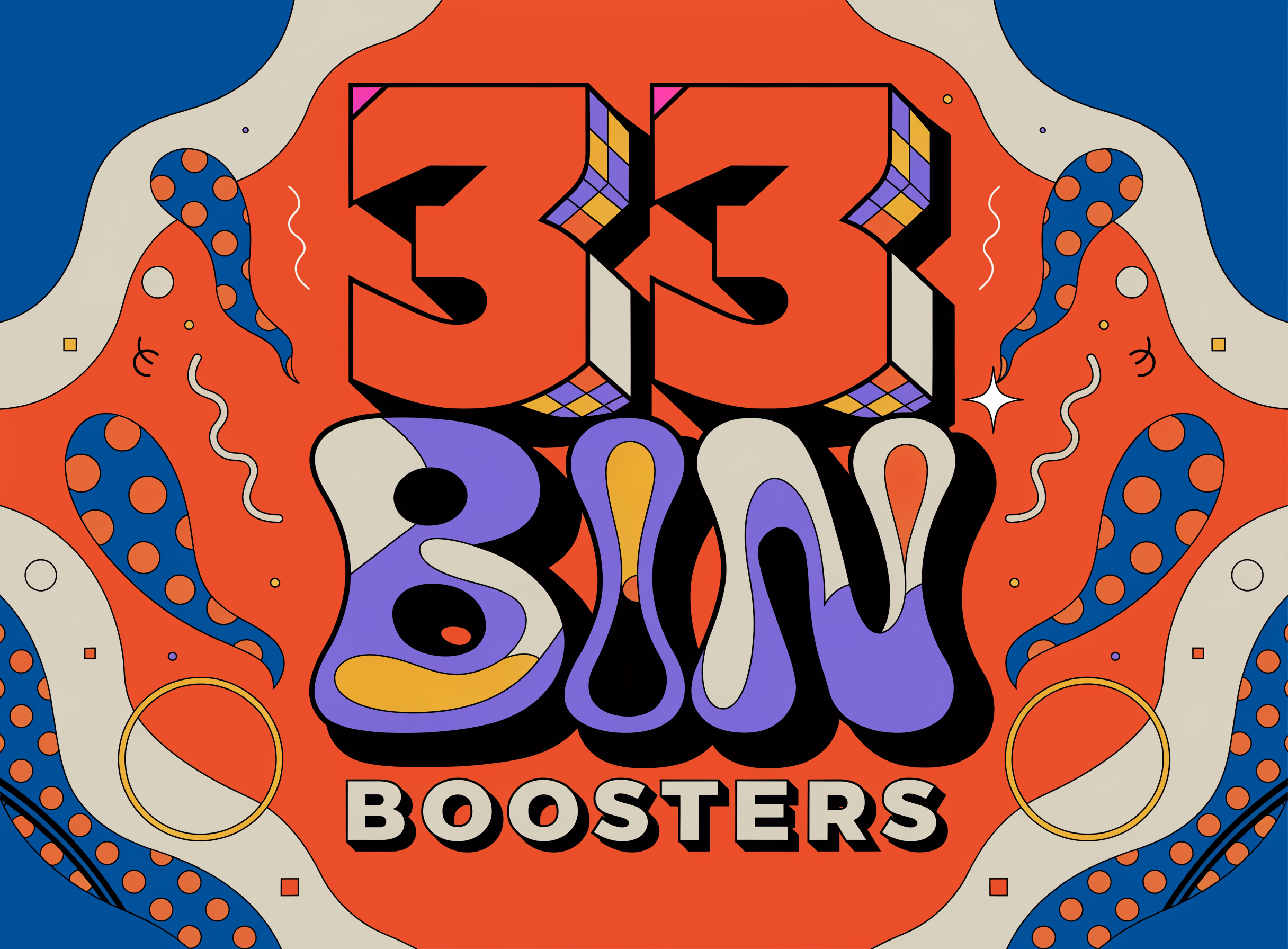 A cinematic logo-like image for "33 BIN BOOSTERS".  The image takes inspiration from street art and pop art as well as creative graphic design. The image is quite colorful and draws attention to the name and center of the image. The background can be colorful too as it blends in nicely with the image. Simple and luxurious. 