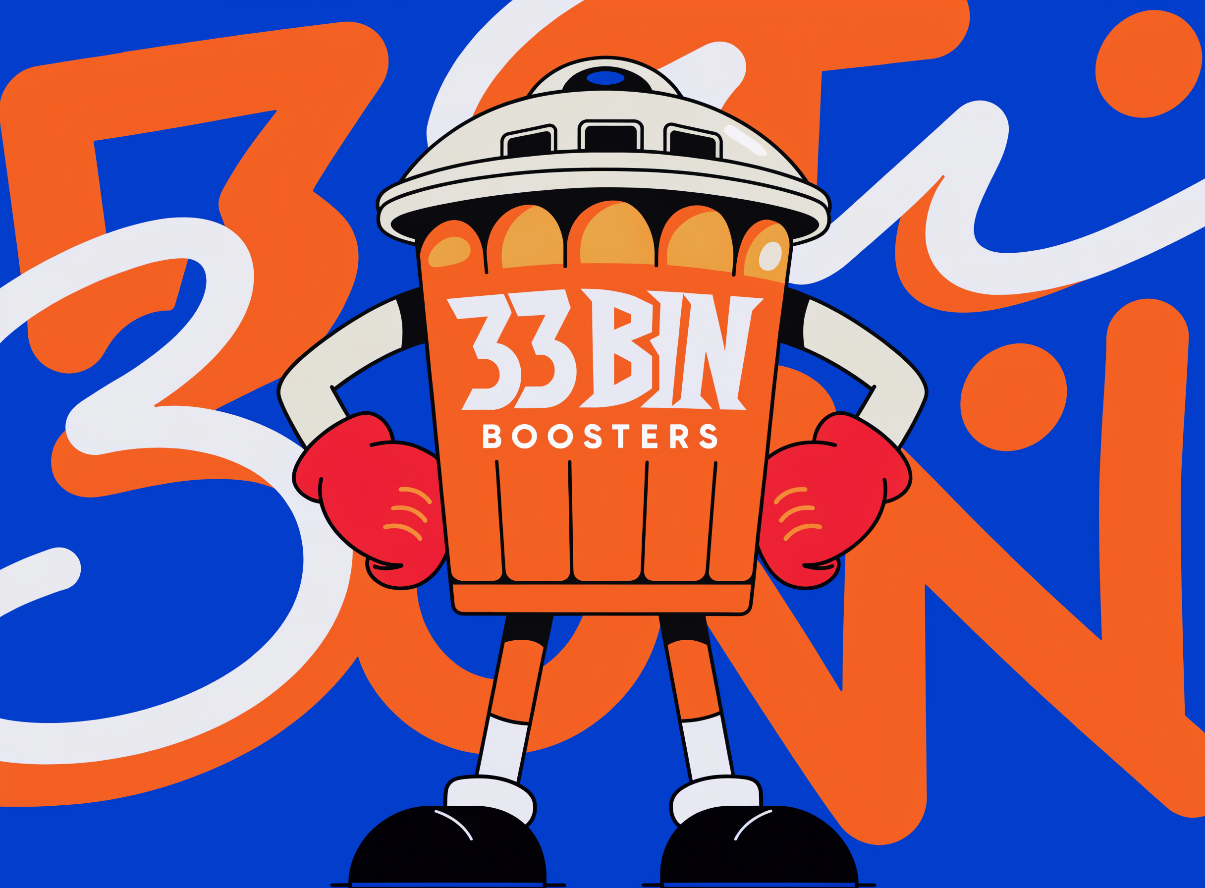 A cinematic logo-like image for "33 BIN BOOSTERS".  The image takes inspiration from street art and pop art as well as creative graphic design. The image is quite colorful and draws attention to the name and center of the image. The background can be colorful too as it blends in nicely with the image. Simple and luxurious. In the center of the image is a trash bin that is now clean and heroic
