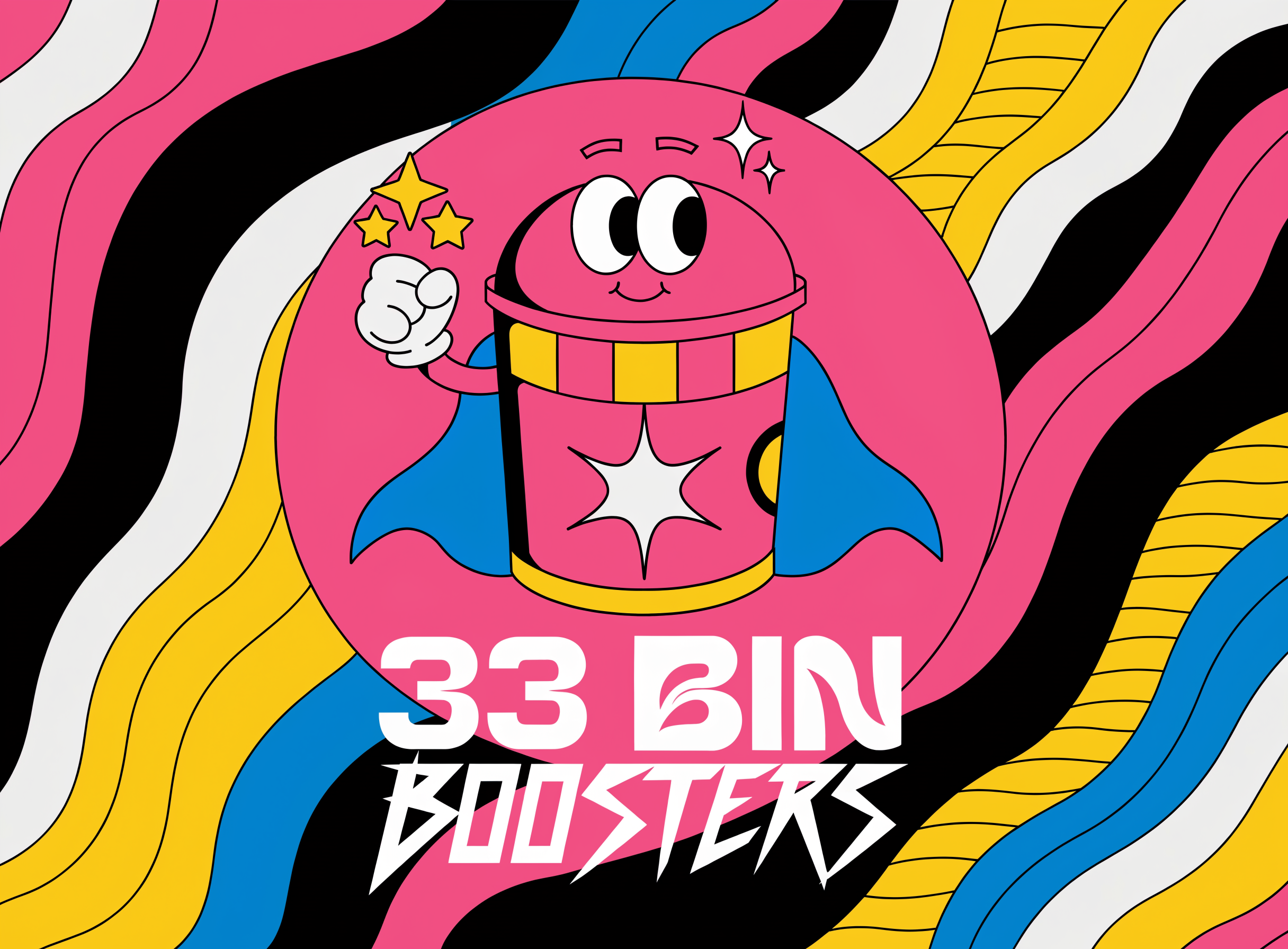 A cinematic logo-like image for "33 BIN BOOSTERS".  The image takes inspiration from pop art as well as creative graphic design. The image is quite colorful and draws attention to the name and center of the image. The background can be colorful too as it blends in nicely with the image. Simple and luxurious. In the center of the image is a trash bin that is now clean and heroic. The majority of the image could be centered on a circular cut-out. 