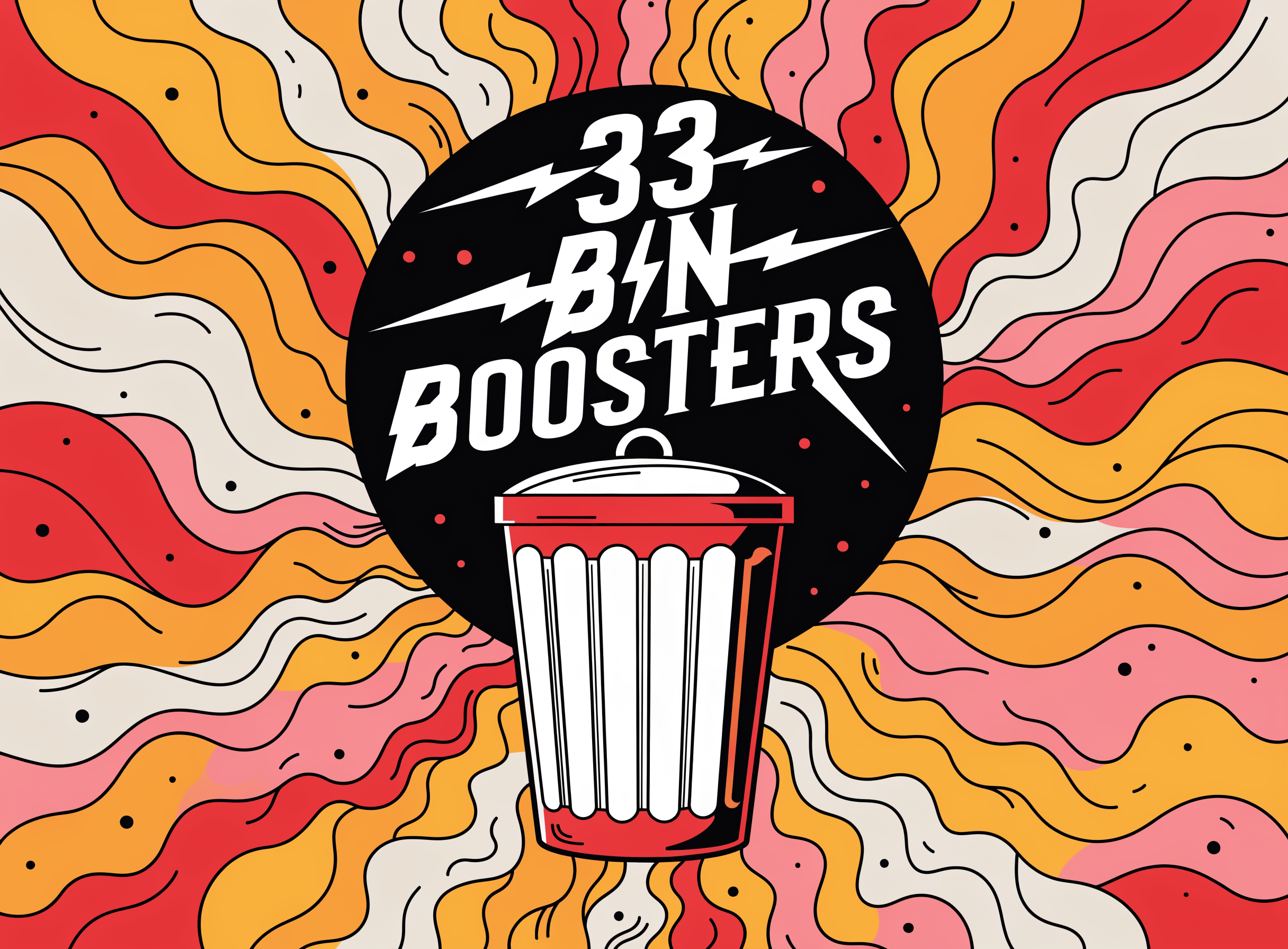 A cinematic logo-like image for "33 BIN BOOSTERS".  The image takes inspiration from pop art as well as creative graphic design. The image is quite colorful and draws attention to the name and center of the image. The background can be colorful too as it blends in nicely with the image. Simple and luxurious. In the center of the image is a trash bin that is now clean and heroic. The majority of the image could be centered on a circular cut-out. The words fit in the cutout too and the font resembles Lightning 
