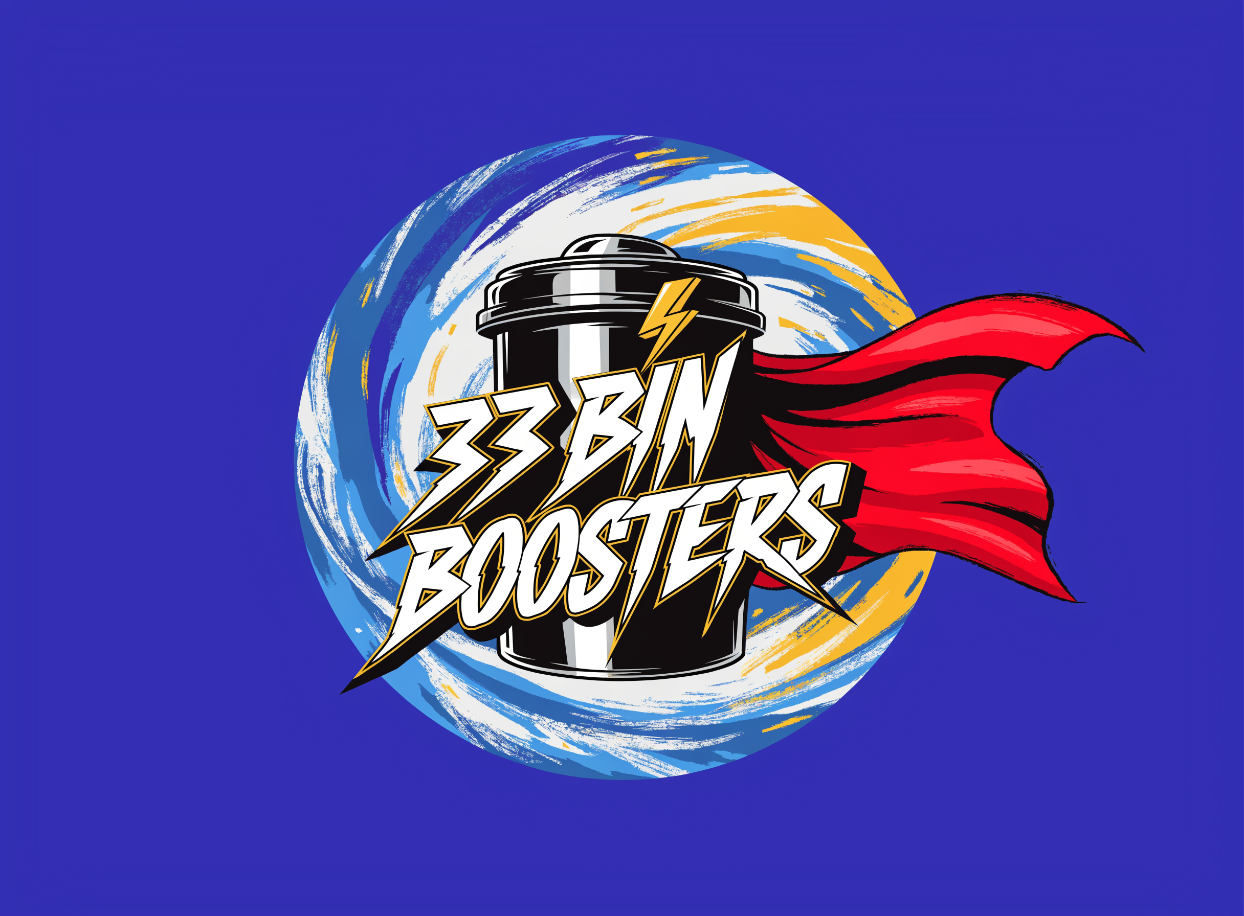A cinematic logo-like image for "33 BIN BOOSTERS".  The image takes inspiration from pop art as well as creative graphic design. The image is quite colorful and draws attention to the name and center of the image. The background can be colorful too as it blends in nicely with the image. Simple and luxurious. In the center of the image is a trash bin that is now clean and heroic. The majority of the image could be centered on a circular cut-out. The words fit in the cutout too along with the heroic-bin and the font resembles Lightning in the sense that it is jagged and pointed